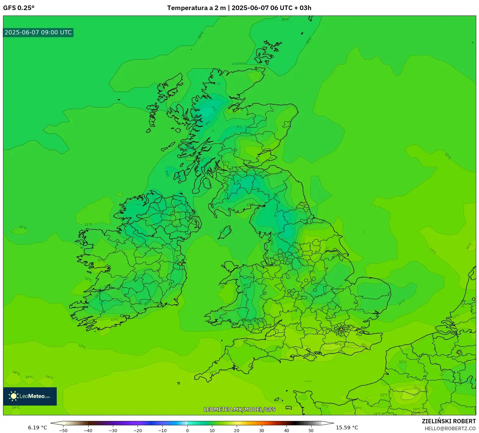 GFS model - Reino Unido, Temperatura a 2 m GFS model - Reino Unido, Temperatura a 2 m