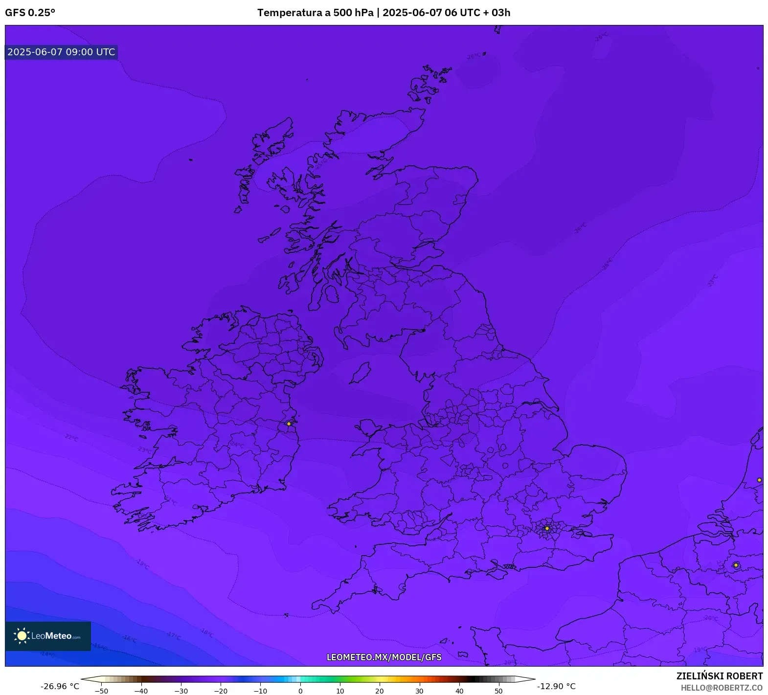GFS model - Reino Unido, Temperatura a 500 hPa