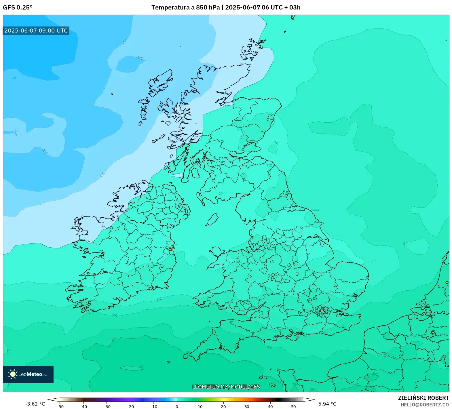 GFS model - Reino Unido, Temperatura a 850 hPa GFS model - Reino Unido, Temperatura a 850 hPa