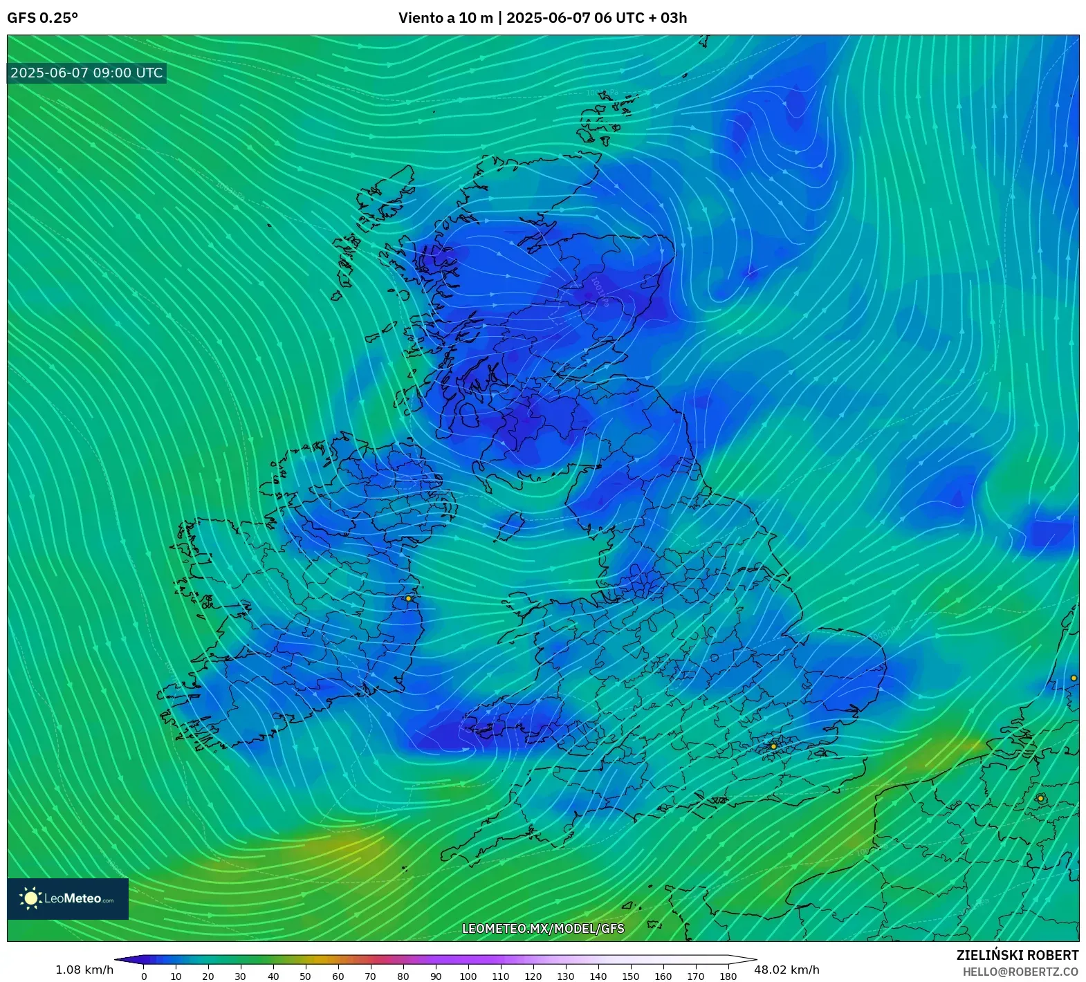 GFS model - Reino Unido, Viento a 10 m GFS model - Reino Unido, Viento a 10 m