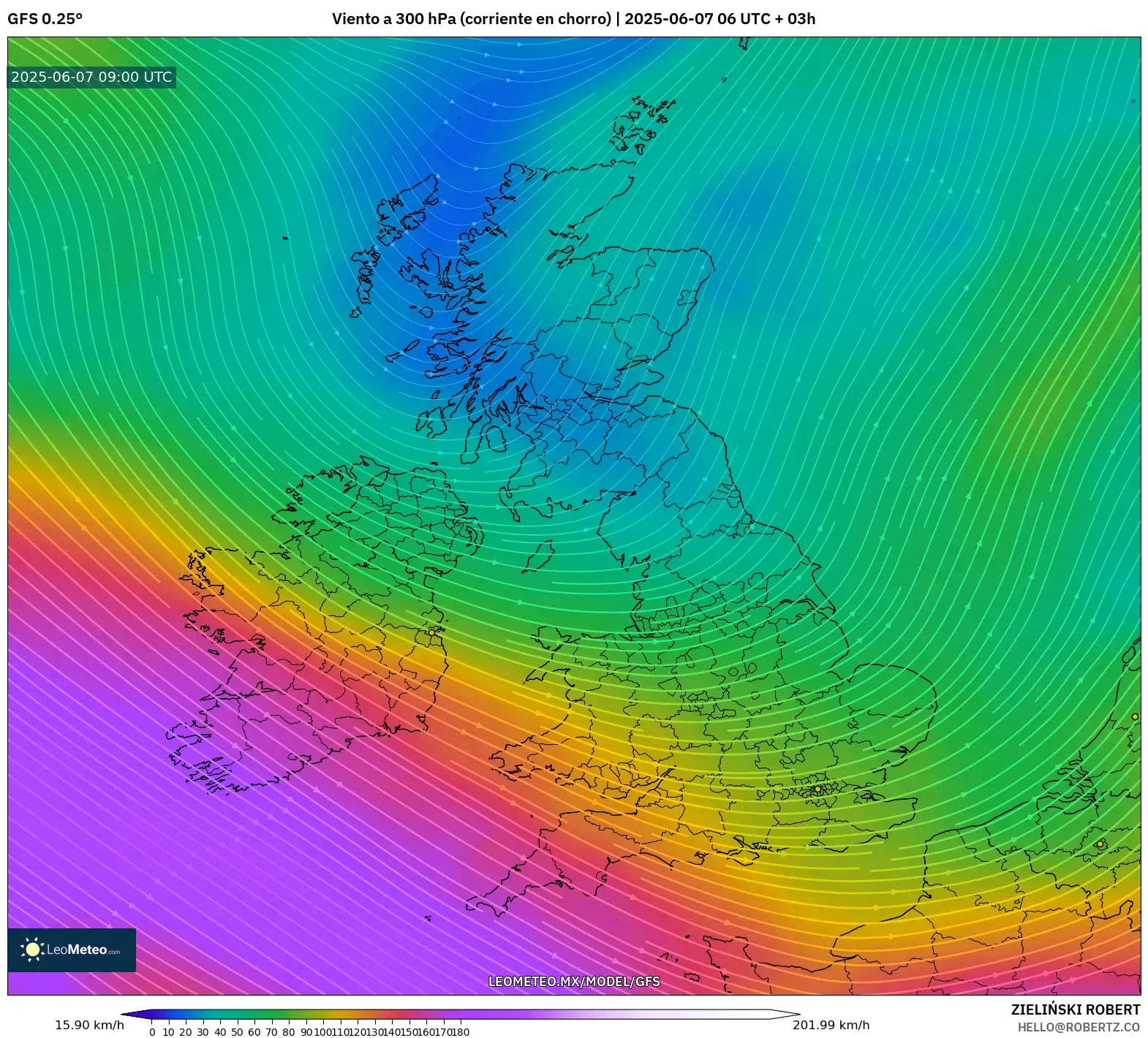 GFS model - Reino Unido, Viento a 300 hPa (corriente en chorro) GFS model - Reino Unido, Viento a 300 hPa (corriente en chorro)
