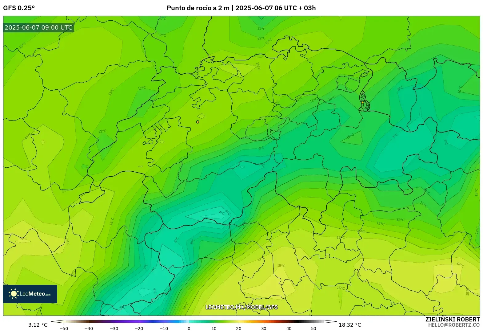 GFS model - Suiza, Punto de rocío a 2 m GFS model - Suiza, Punto de rocío a 2 m