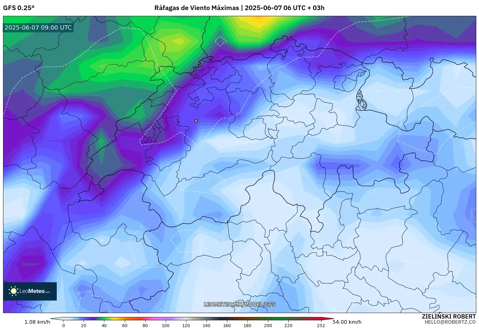 GFS model - Suiza, Ráfagas de Viento Máximas