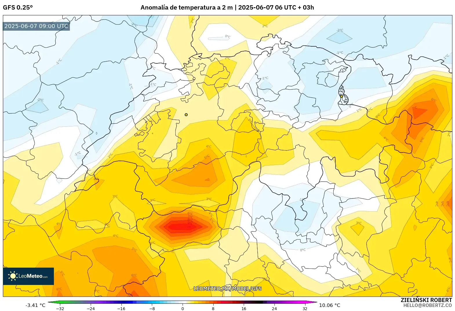 GFS model - Suiza, Anomalía de temperatura a 2 m