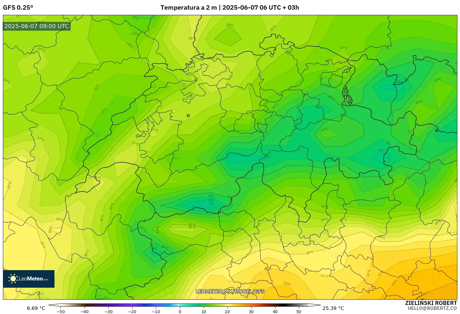 GFS model - Suiza, Temperatura a 2 m GFS model - Suiza, Temperatura a 2 m