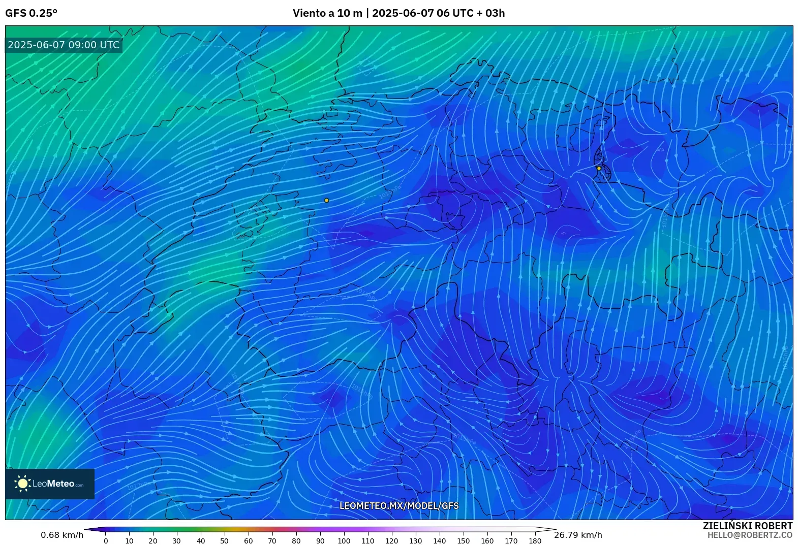 GFS model - Suiza, Viento a 10 m GFS model - Suiza, Viento a 10 m