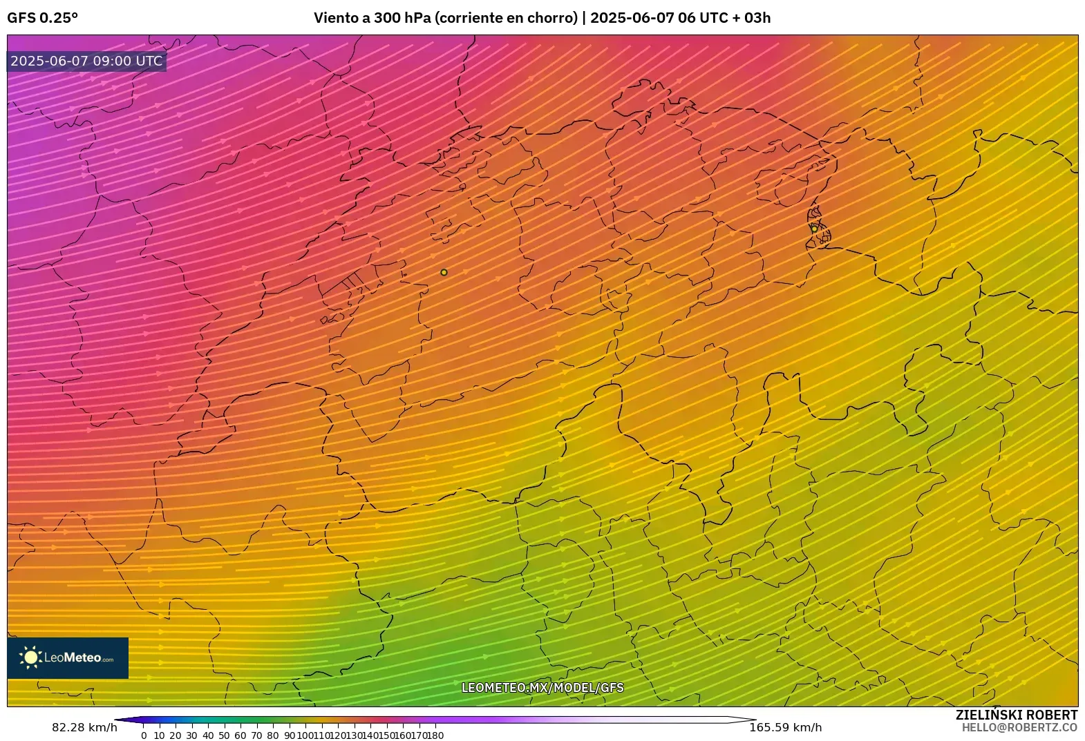 GFS model - Suiza, Viento a 300 hPa (corriente en chorro) GFS model - Suiza, Viento a 300 hPa (corriente en chorro)