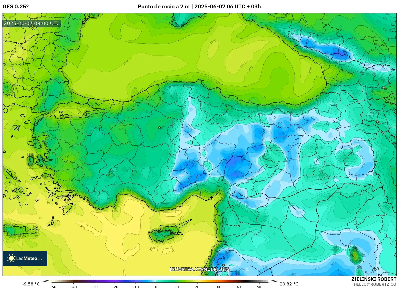 GFS model - Turquía, Punto de rocío a 2 m GFS model - Turquía, Punto de rocío a 2 m