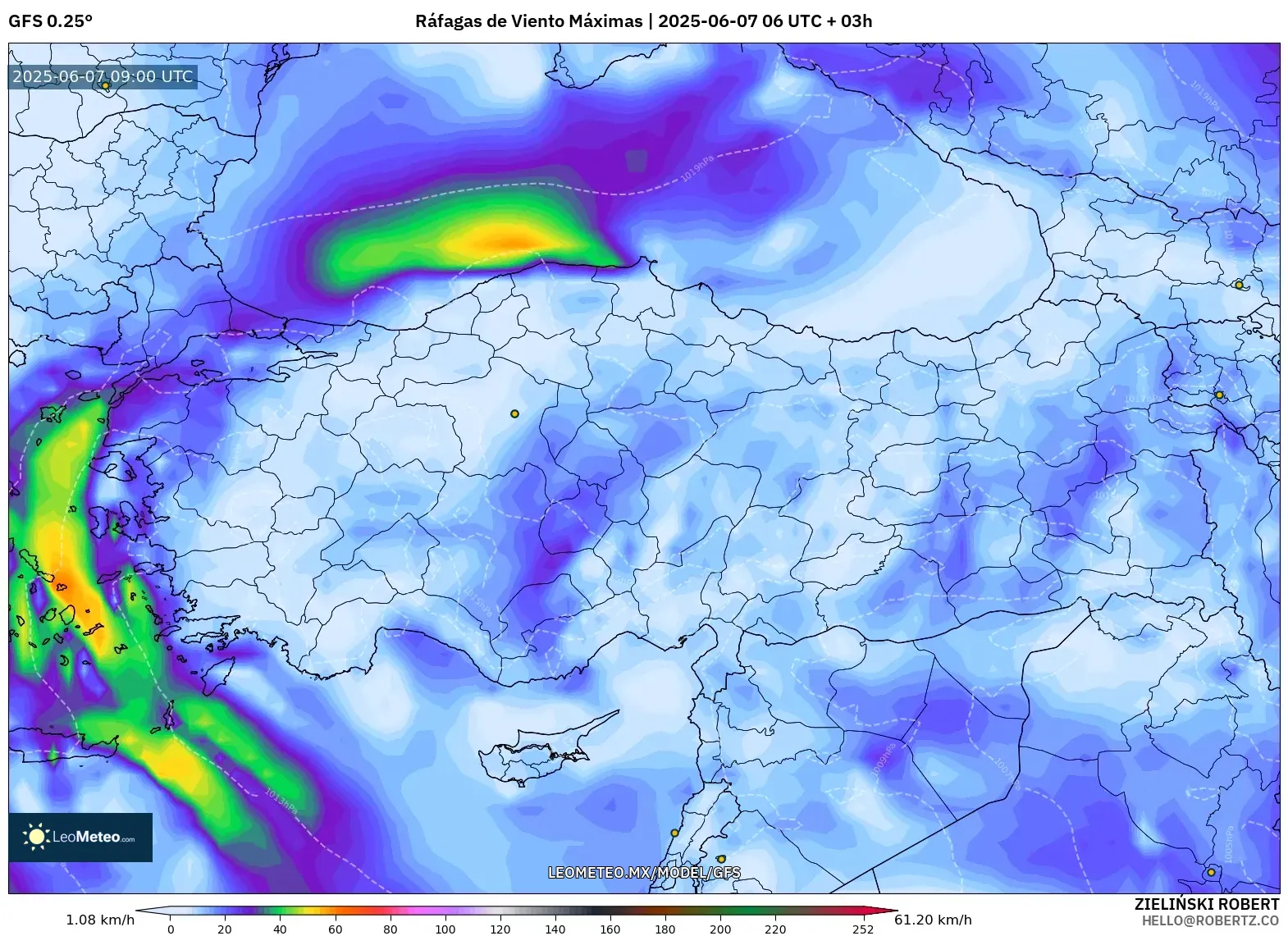 GFS model - Turquía, Ráfagas de Viento Máximas GFS model - Turquía, Ráfagas de Viento Máximas