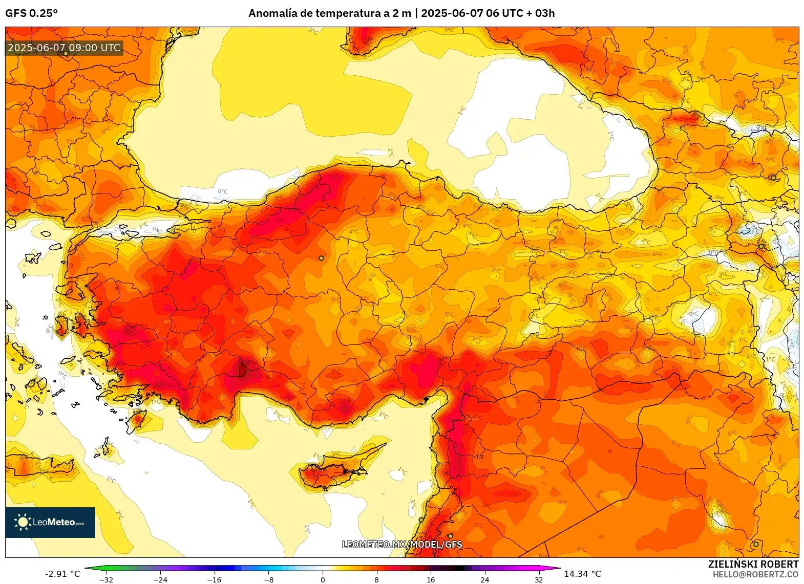 GFS model - Turquía, Anomalía de temperatura a 2 m GFS model - Turquía, Anomalía de temperatura a 2 m