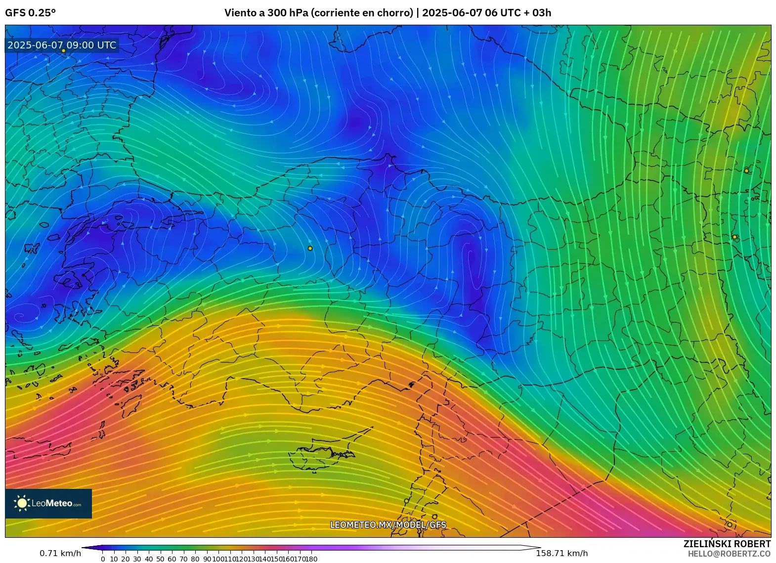 GFS model - Turquía, Viento a 300 hPa (corriente en chorro) GFS model - Turquía, Viento a 300 hPa (corriente en chorro)