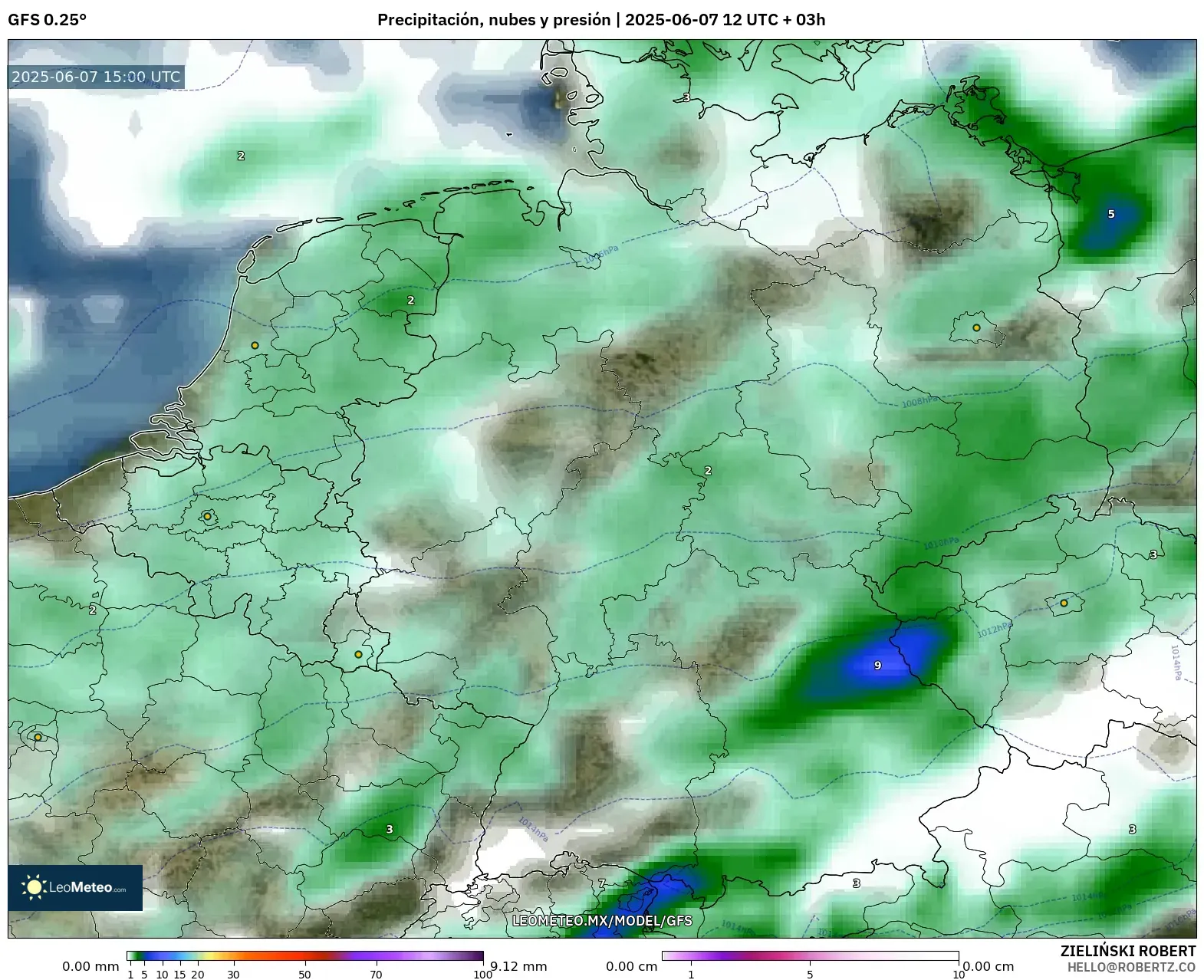GFS model - Alemania, Precipitación, nubes y presión