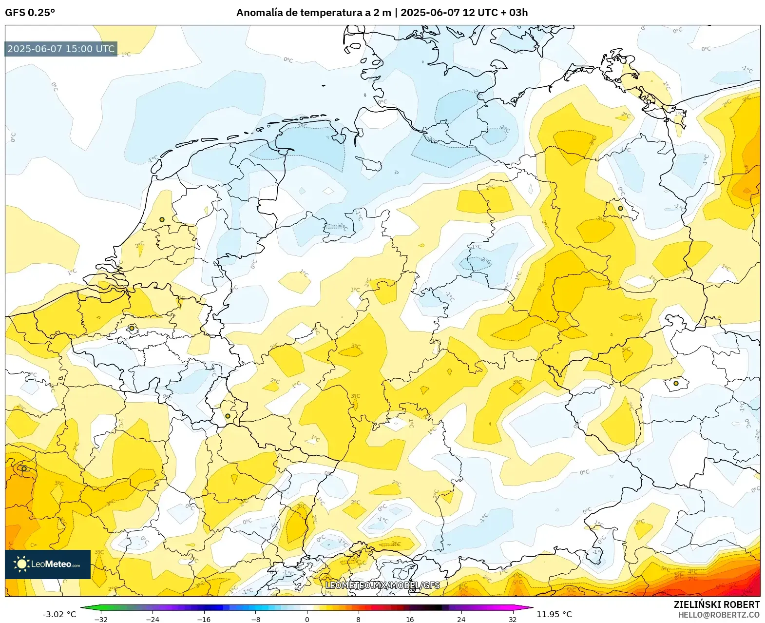 GFS model - Alemania, Anomalía de temperatura a 2 m GFS model - Alemania, Anomalía de temperatura a 2 m