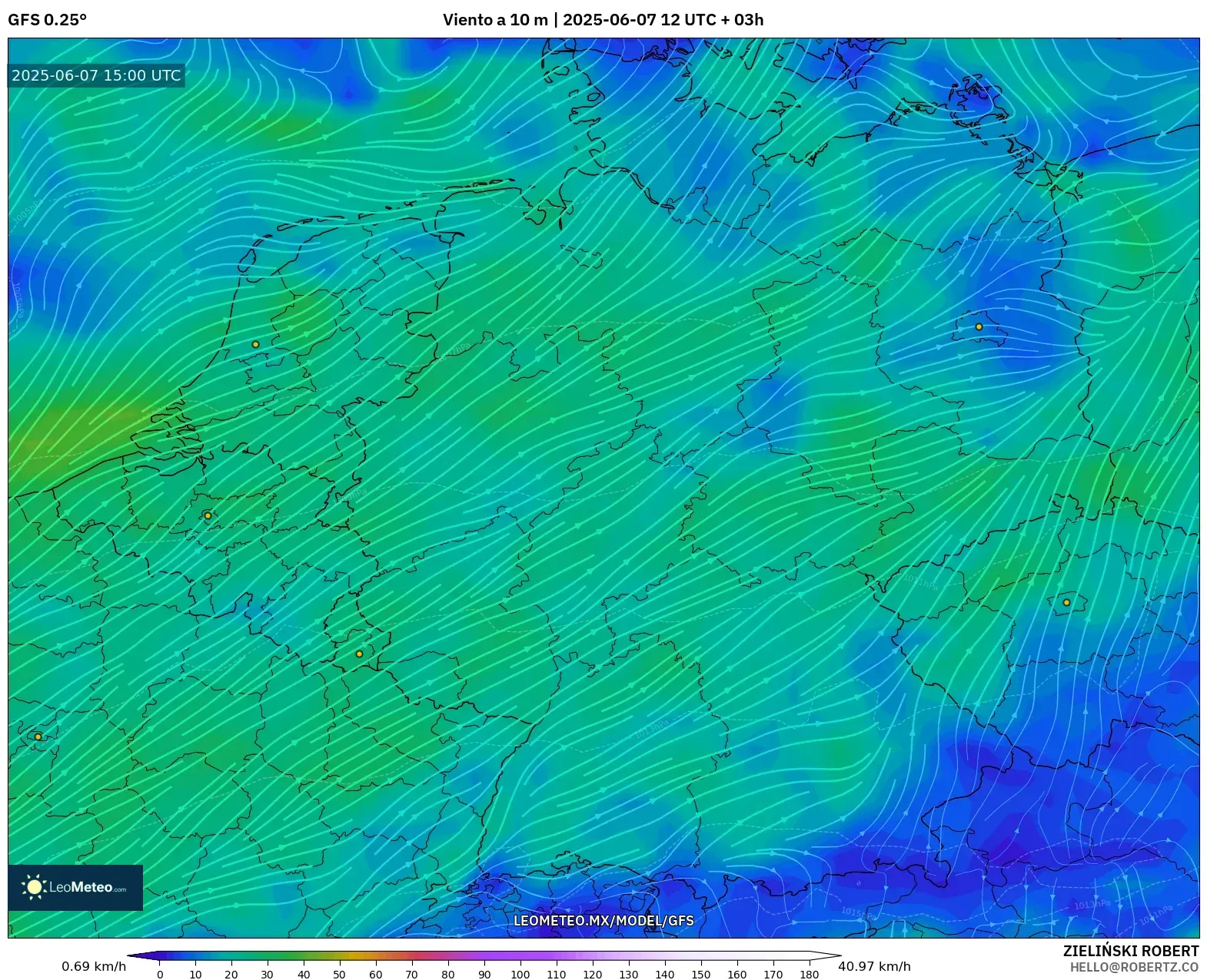 GFS model - Alemania, Viento a 10 m GFS model - Alemania, Viento a 10 m