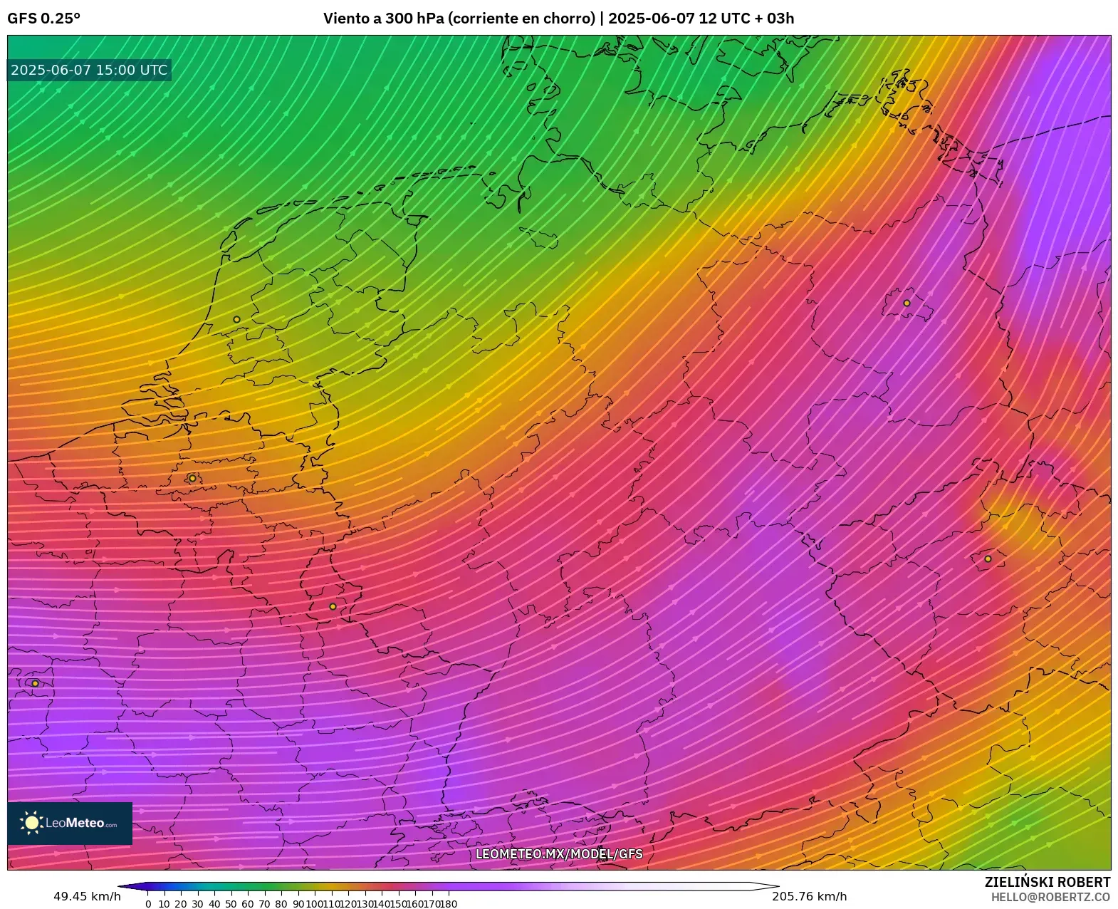 GFS model - Alemania, Viento a 300 hPa (corriente en chorro)
