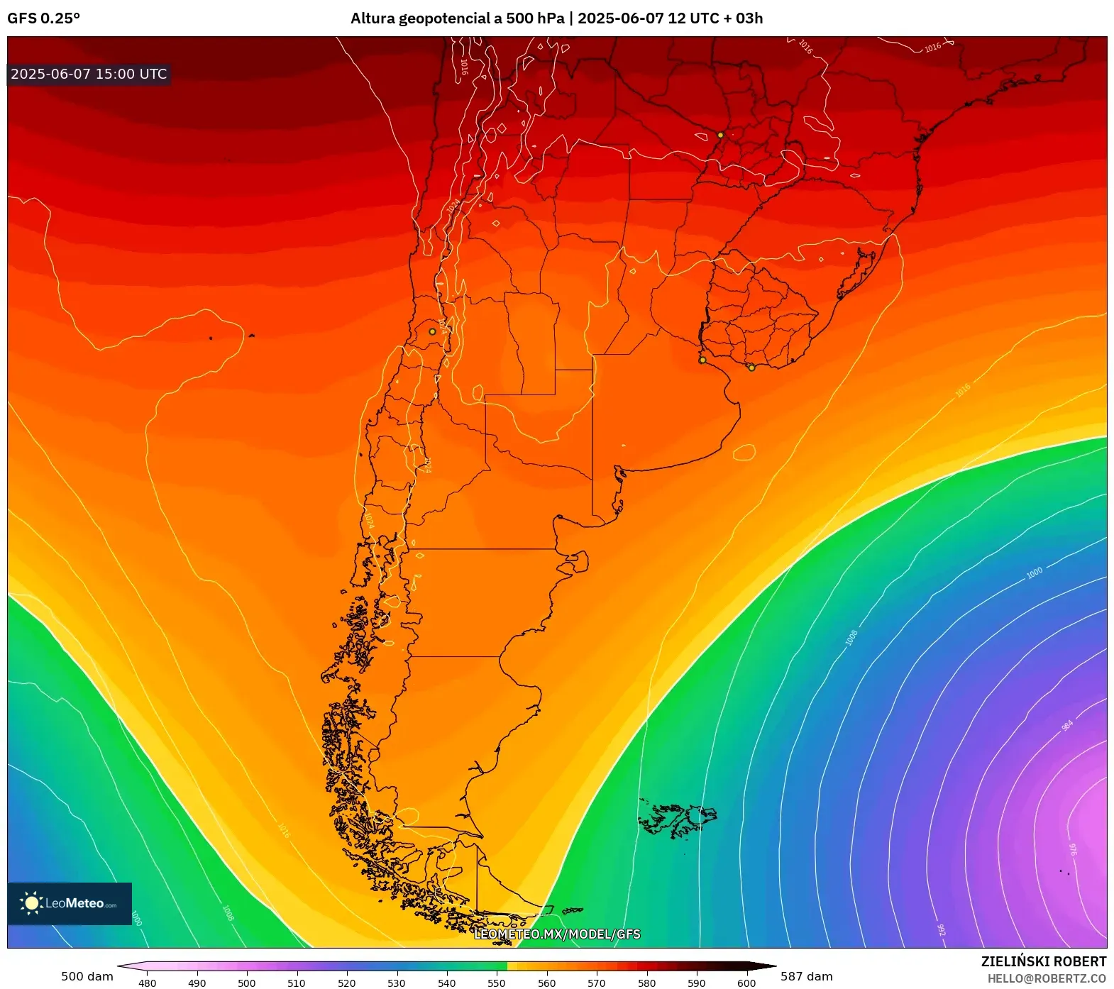 GFS model - Argentina, Altura geopotencial a 500 hPa GFS model - Argentina, Altura geopotencial a 500 hPa