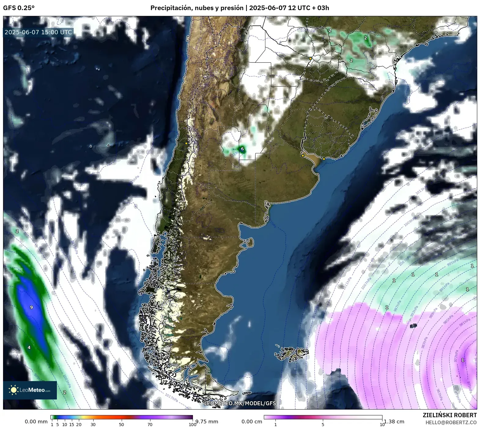 GFS model - Argentina, Precipitación, nubes y presión GFS model - Argentina, Precipitación, nubes y presión