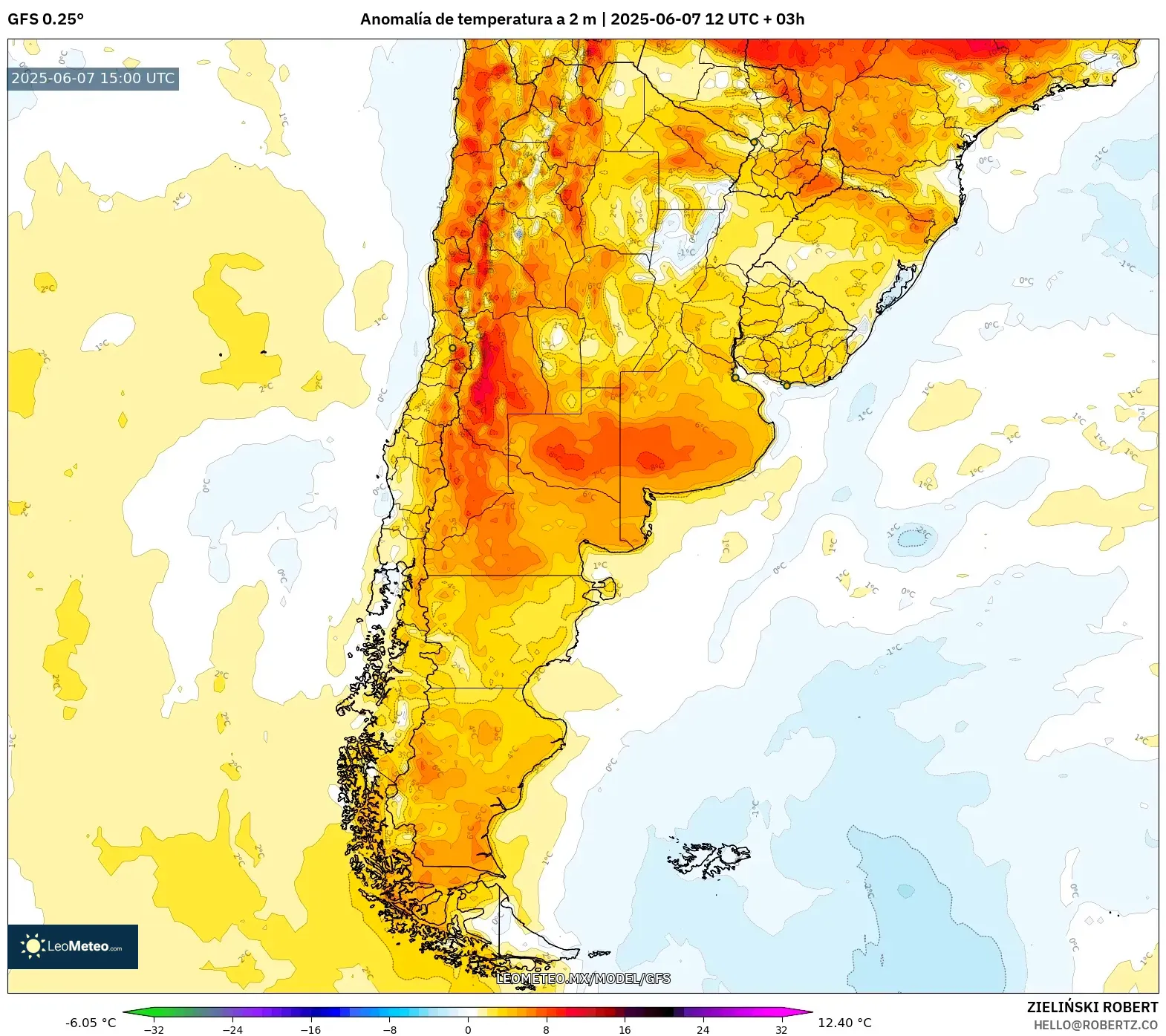GFS model - Argentina, Anomalía de temperatura a 2 m GFS model - Argentina, Anomalía de temperatura a 2 m