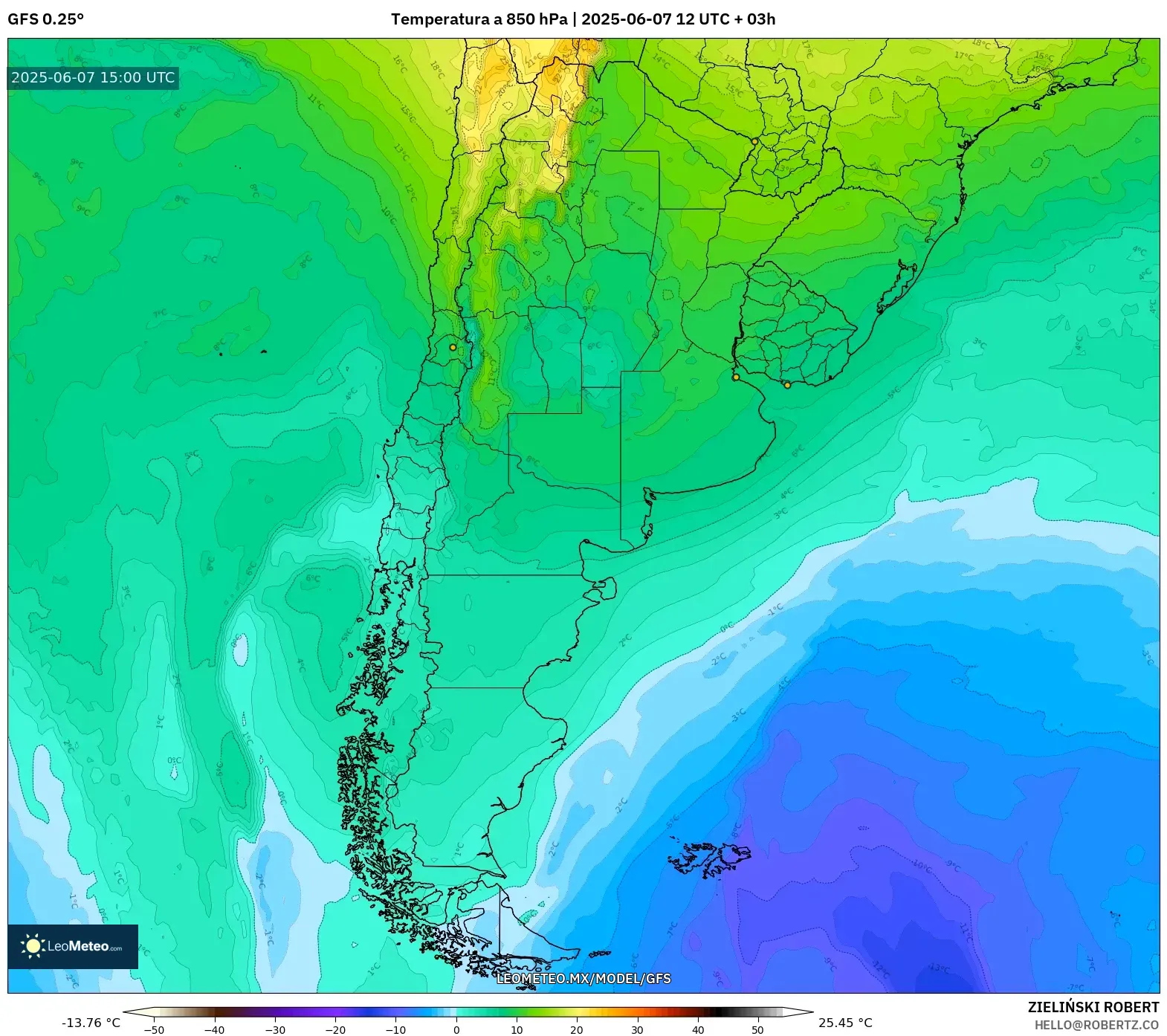 GFS model - Argentina, Temperatura a 850 hPa GFS model - Argentina, Temperatura a 850 hPa