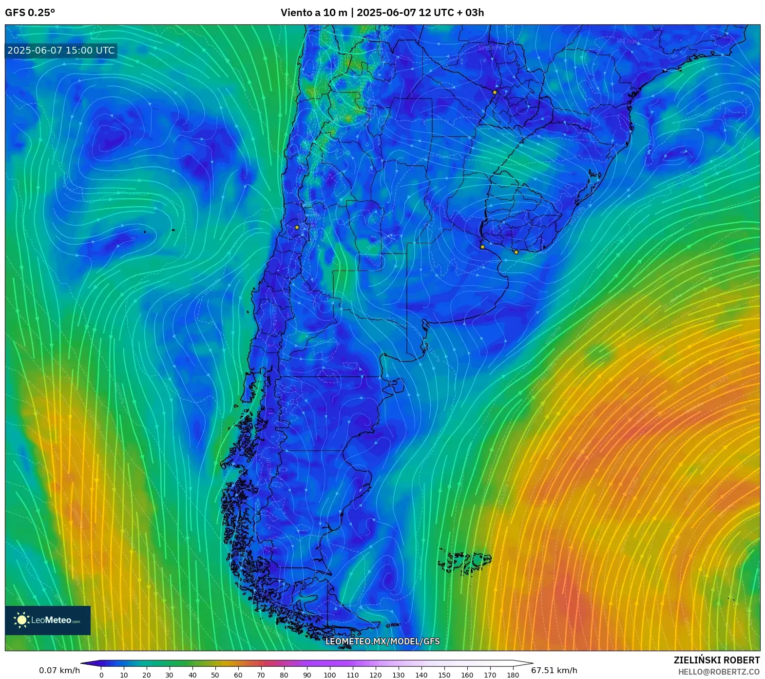 GFS model - Argentina, Viento a 10 m GFS model - Argentina, Viento a 10 m