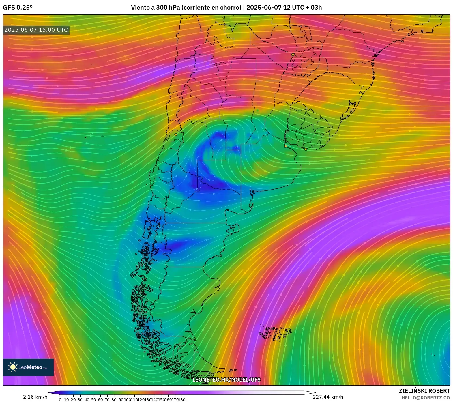 GFS model - Argentina, Viento a 300 hPa (corriente en chorro) GFS model - Argentina, Viento a 300 hPa (corriente en chorro)