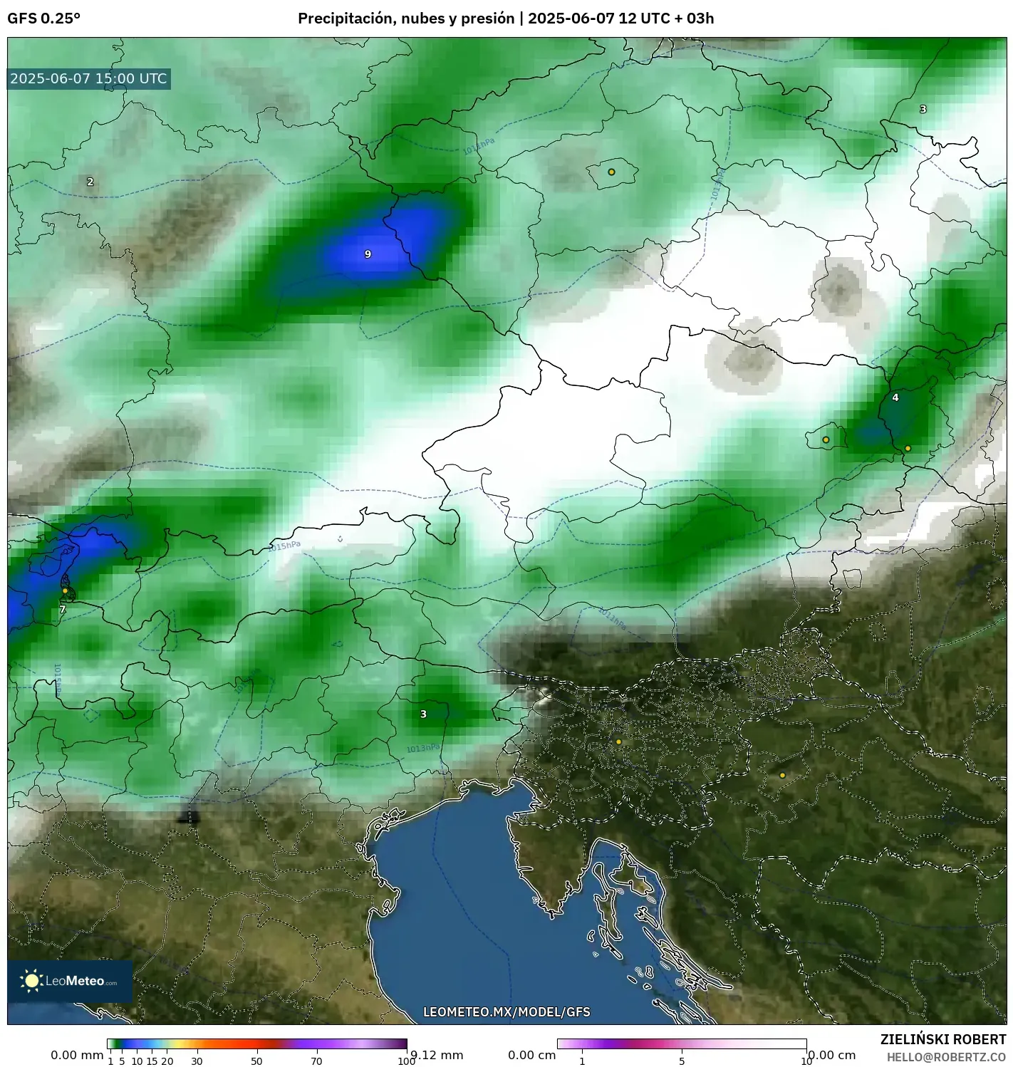 GFS model - Austria, Precipitación, nubes y presión GFS model - Austria, Precipitación, nubes y presión