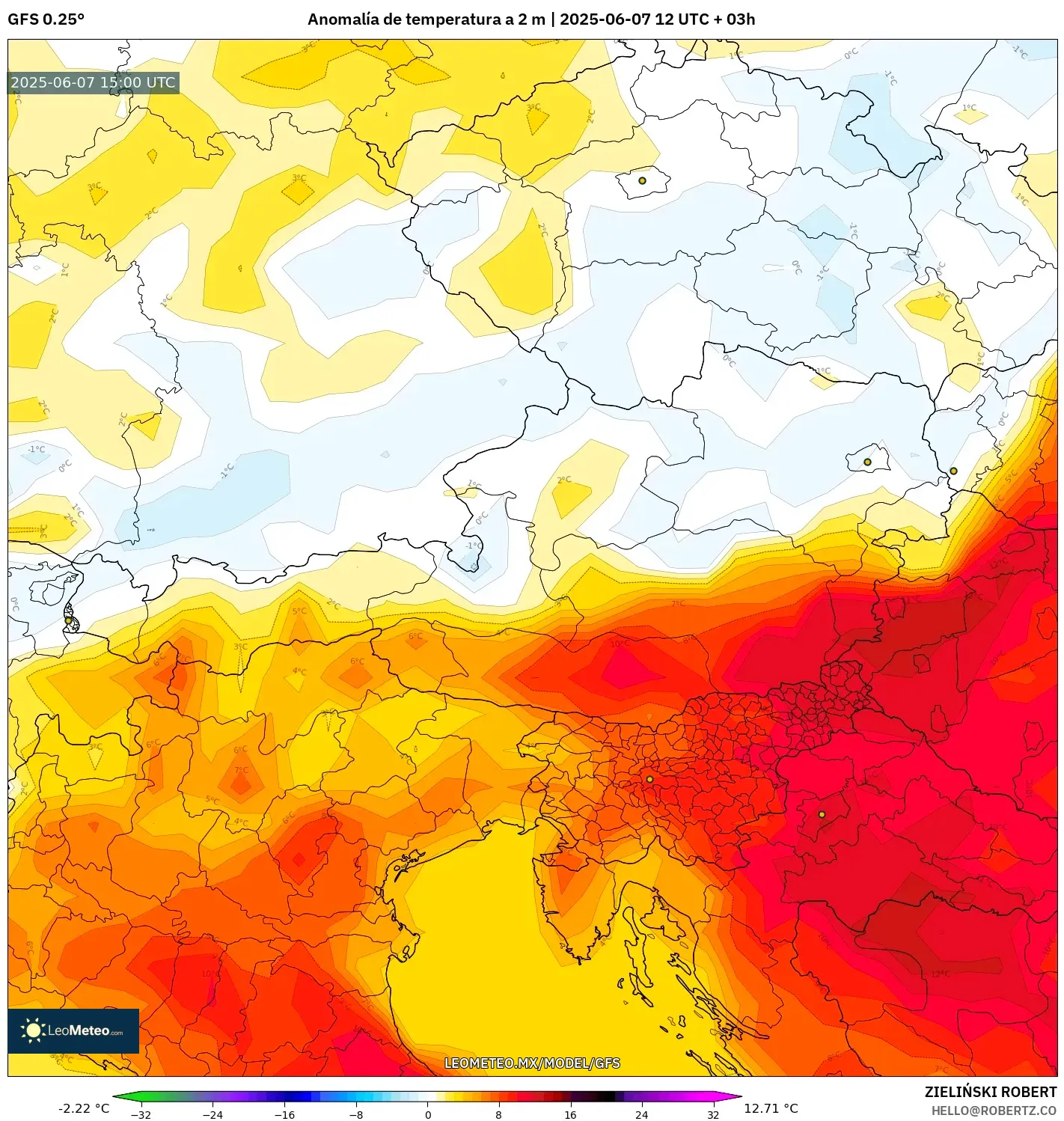 GFS model - Austria, Anomalía de temperatura a 2 m GFS model - Austria, Anomalía de temperatura a 2 m