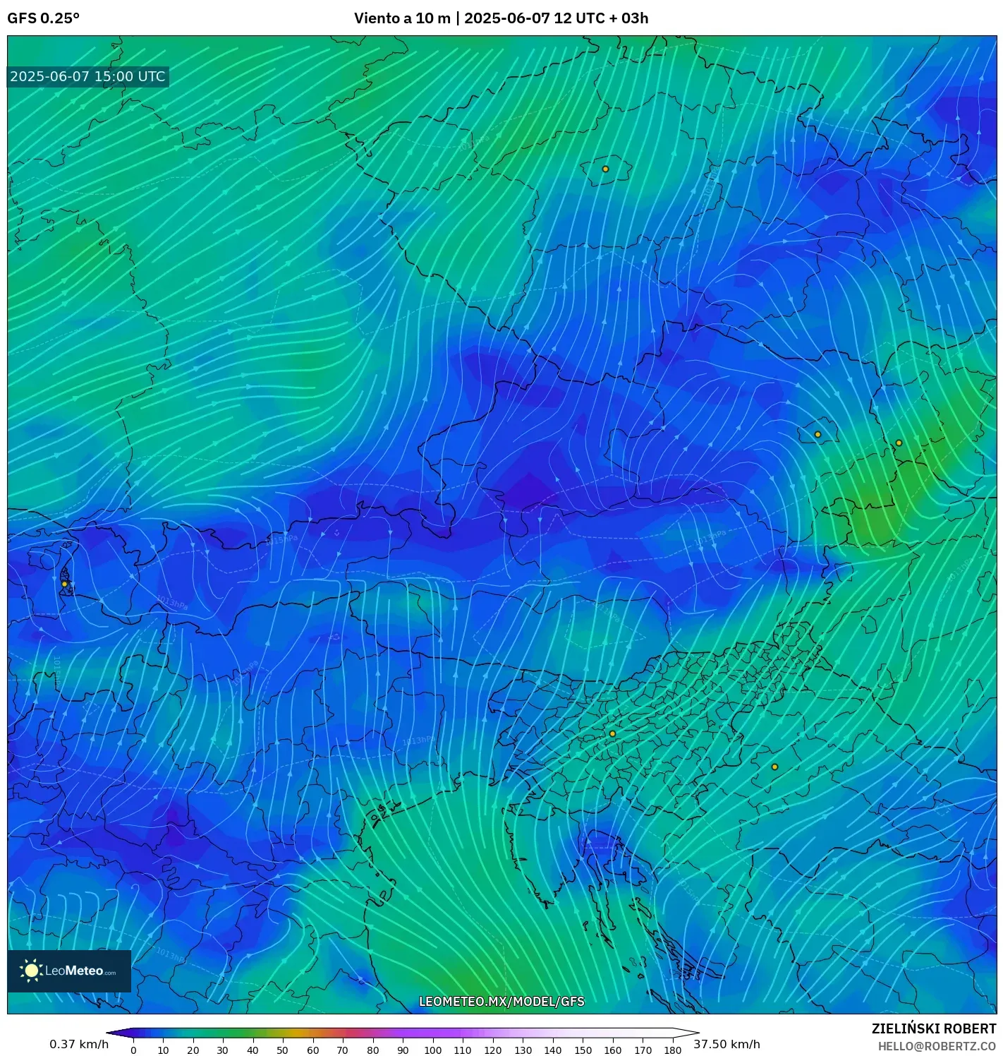 GFS model - Austria, Viento a 10 m GFS model - Austria, Viento a 10 m