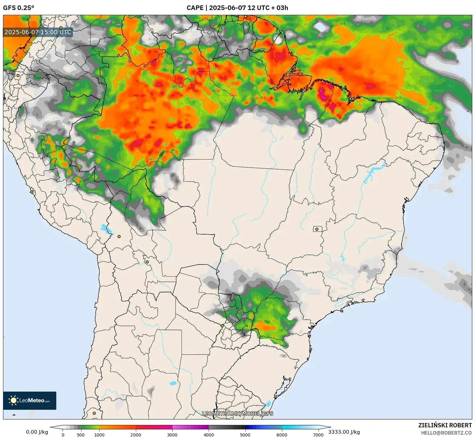 GFS model - Brasil, CAPE GFS model - Brasil, CAPE