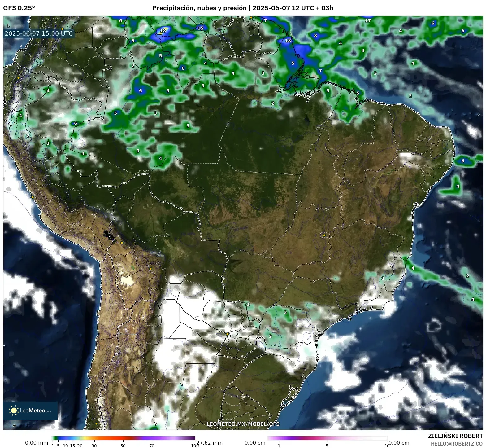 GFS model - Brasil, Precipitación, nubes y presión GFS model - Brasil, Precipitación, nubes y presión