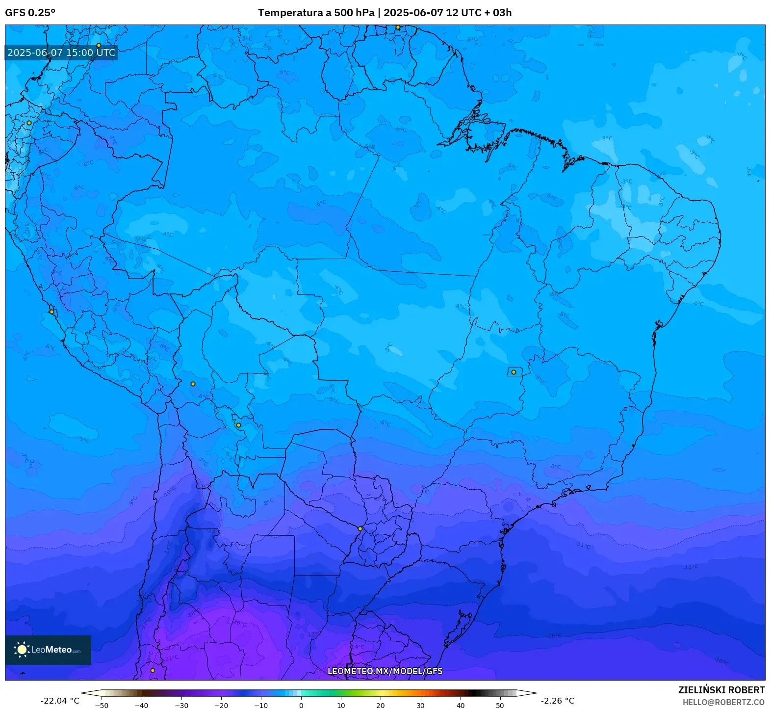 GFS model - Brasil, Temperatura a 500 hPa