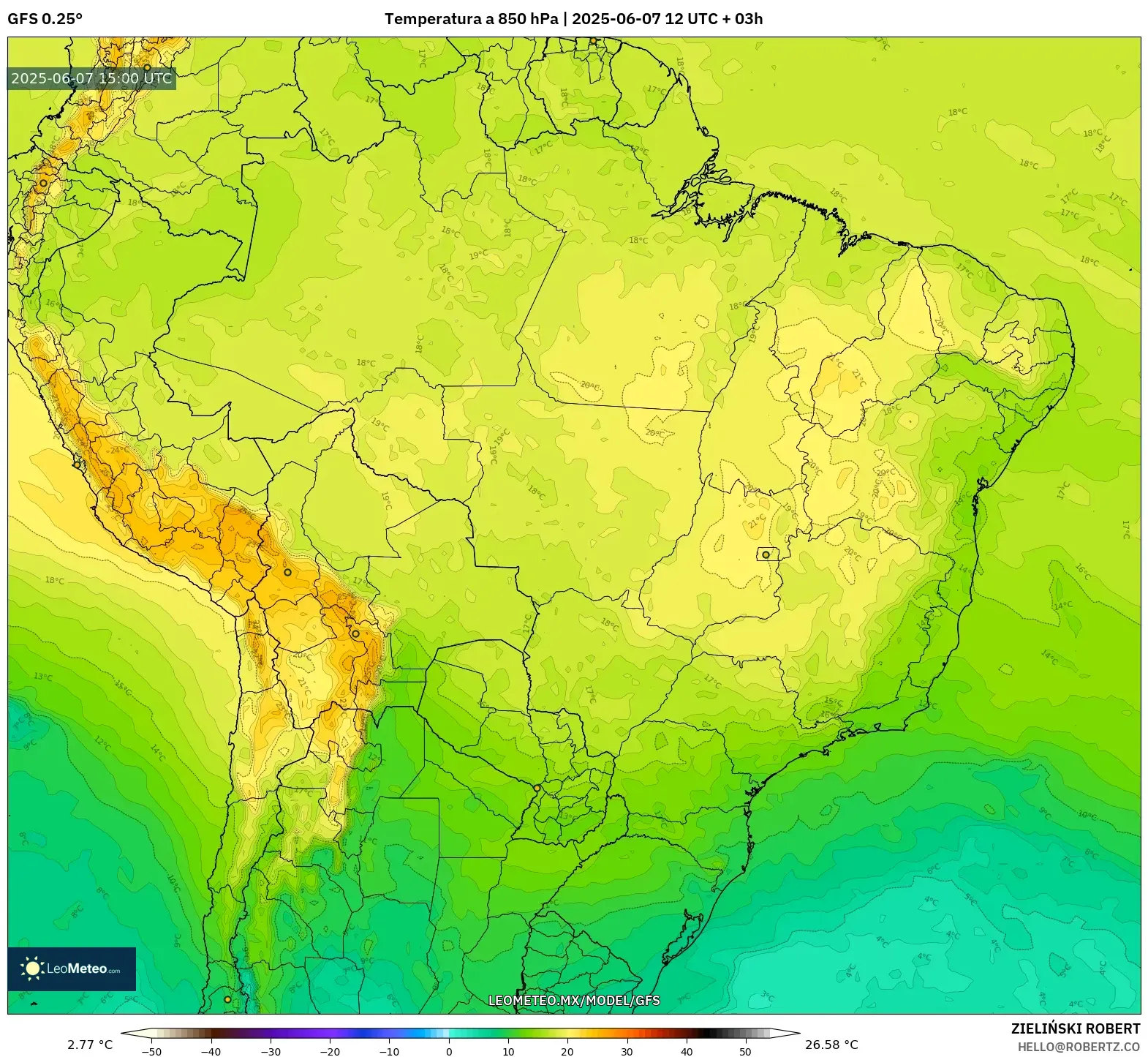 GFS model - Brasil, Temperatura a 850 hPa GFS model - Brasil, Temperatura a 850 hPa