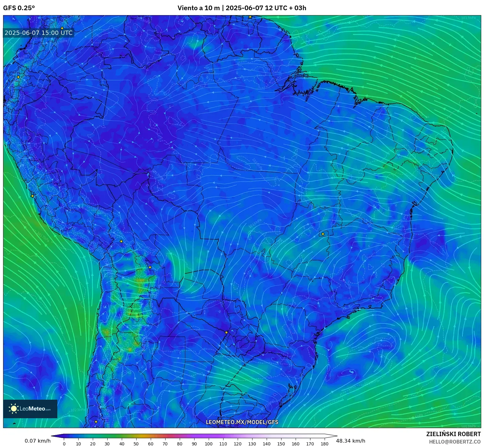 GFS model - Brasil, Viento a 10 m GFS model - Brasil, Viento a 10 m