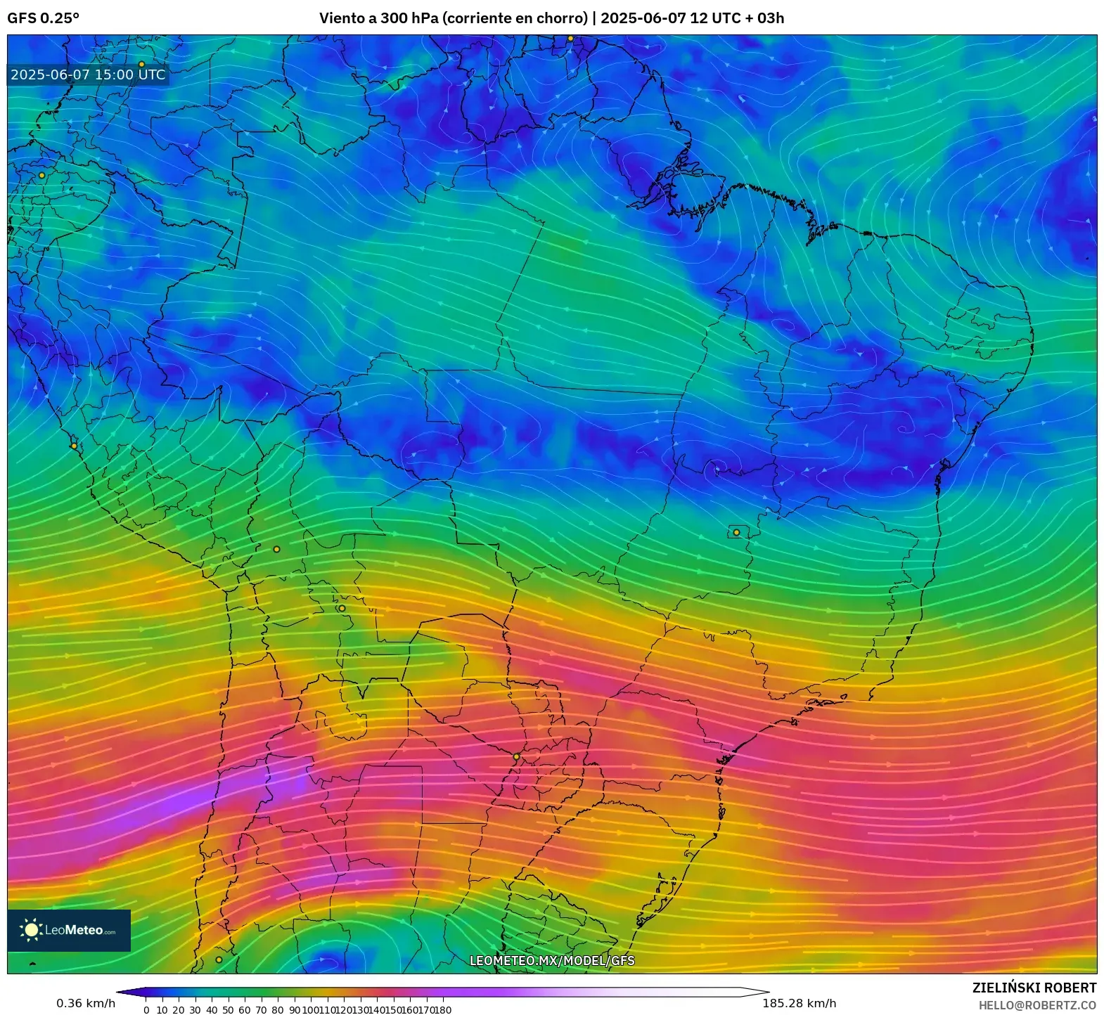 GFS model - Brasil, Viento a 300 hPa (corriente en chorro)