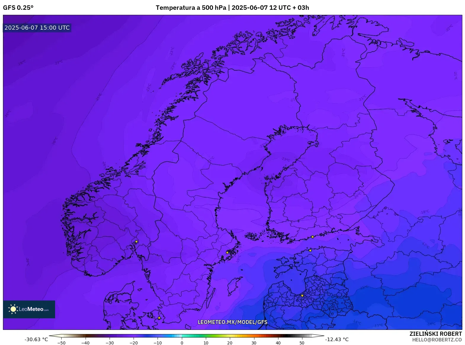 GFS model - Escandinavia, Temperatura a 500 hPa