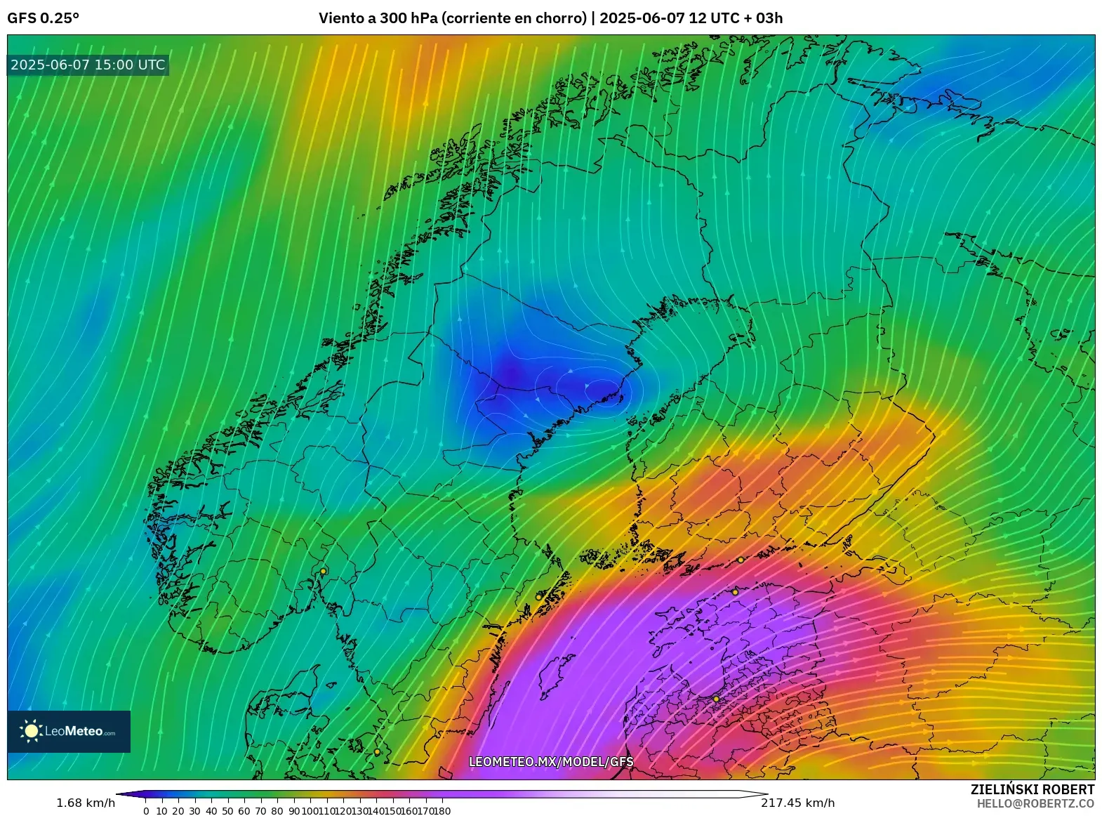 GFS model - Escandinavia, Viento a 300 hPa (corriente en chorro) GFS model - Escandinavia, Viento a 300 hPa (corriente en chorro)