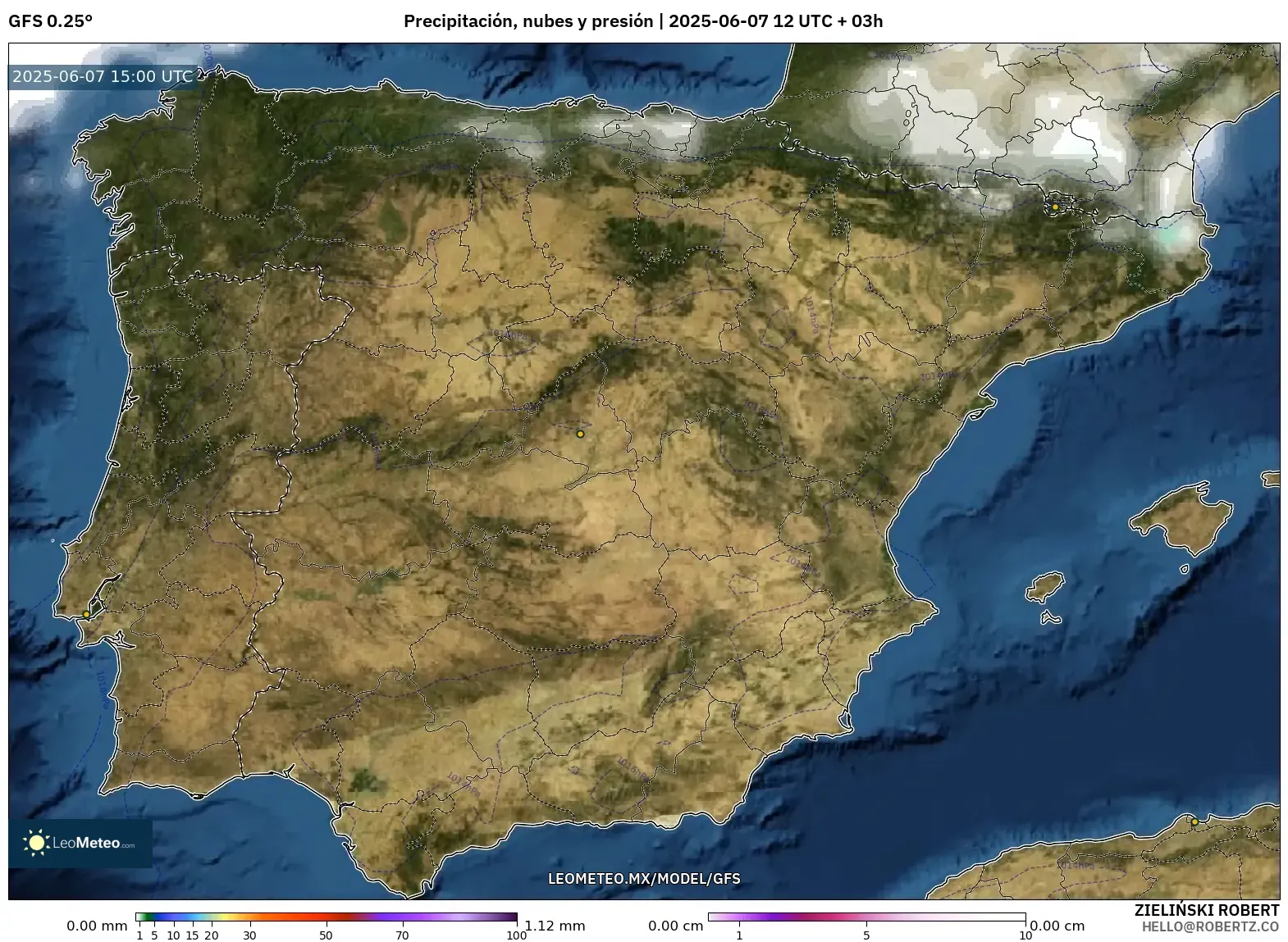 GFS model - España, Precipitación, nubes y presión GFS model - España, Precipitación, nubes y presión