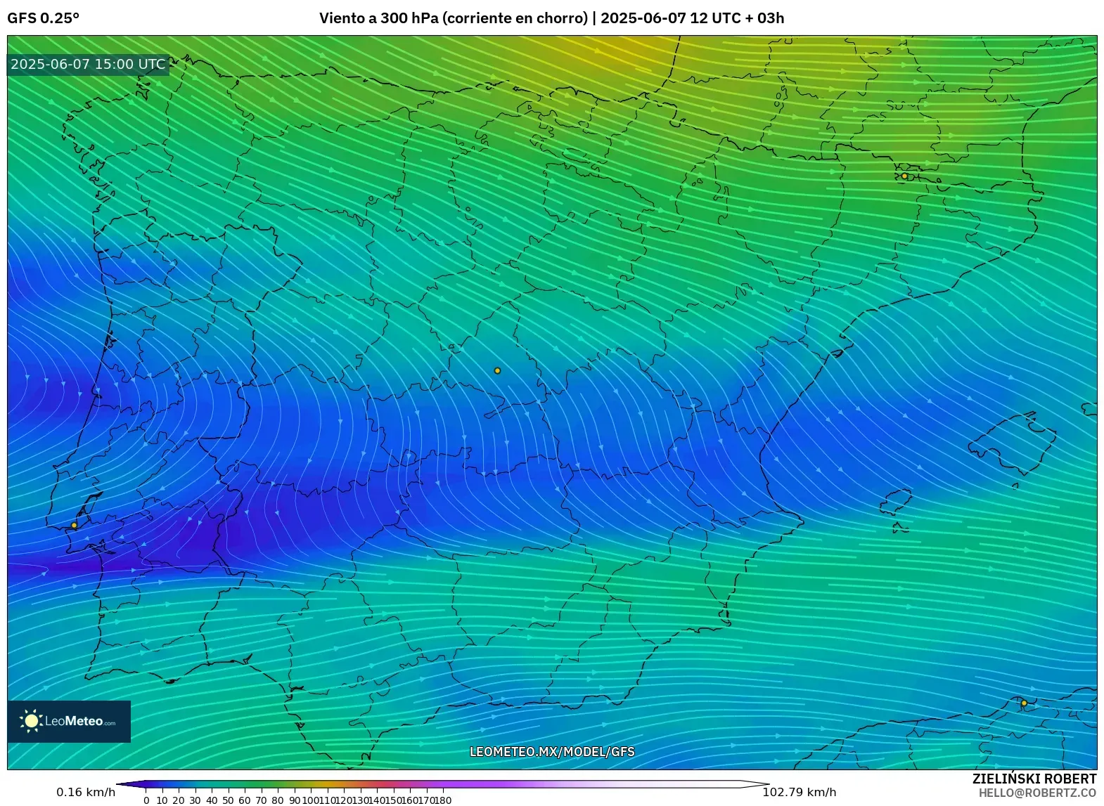 GFS model - España, Viento a 300 hPa (corriente en chorro) GFS model - España, Viento a 300 hPa (corriente en chorro)