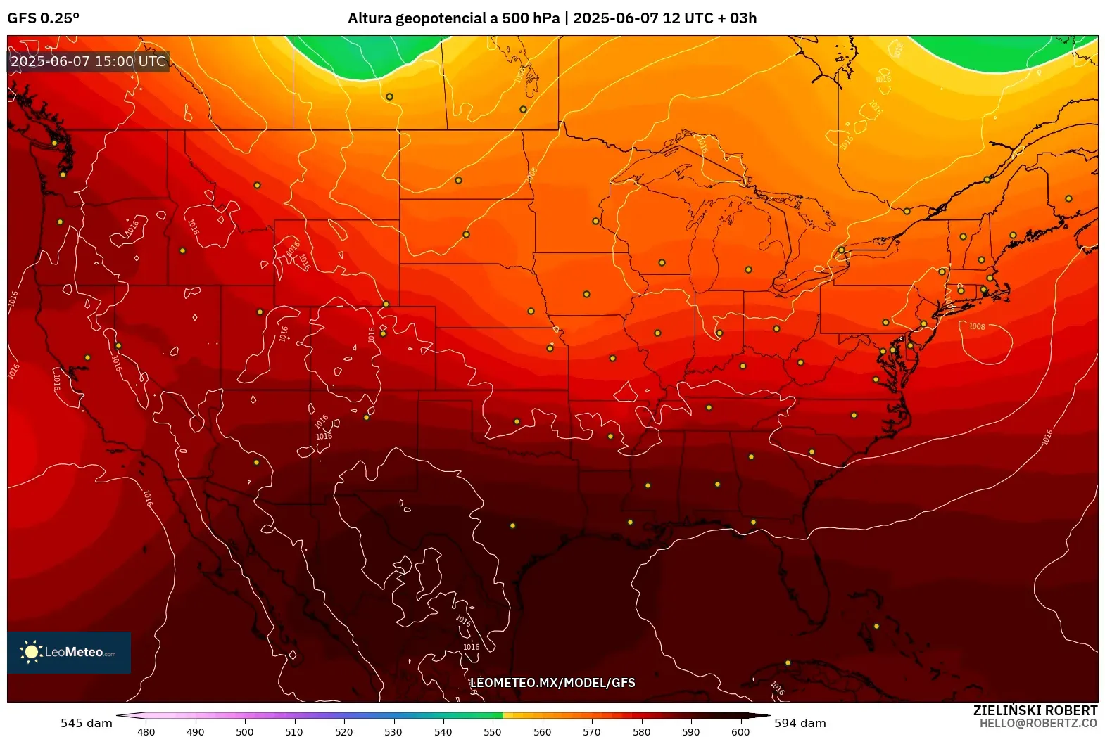 GFS model - Estados Unidos, Altura geopotencial a 500 hPa GFS model - Estados Unidos, Altura geopotencial a 500 hPa