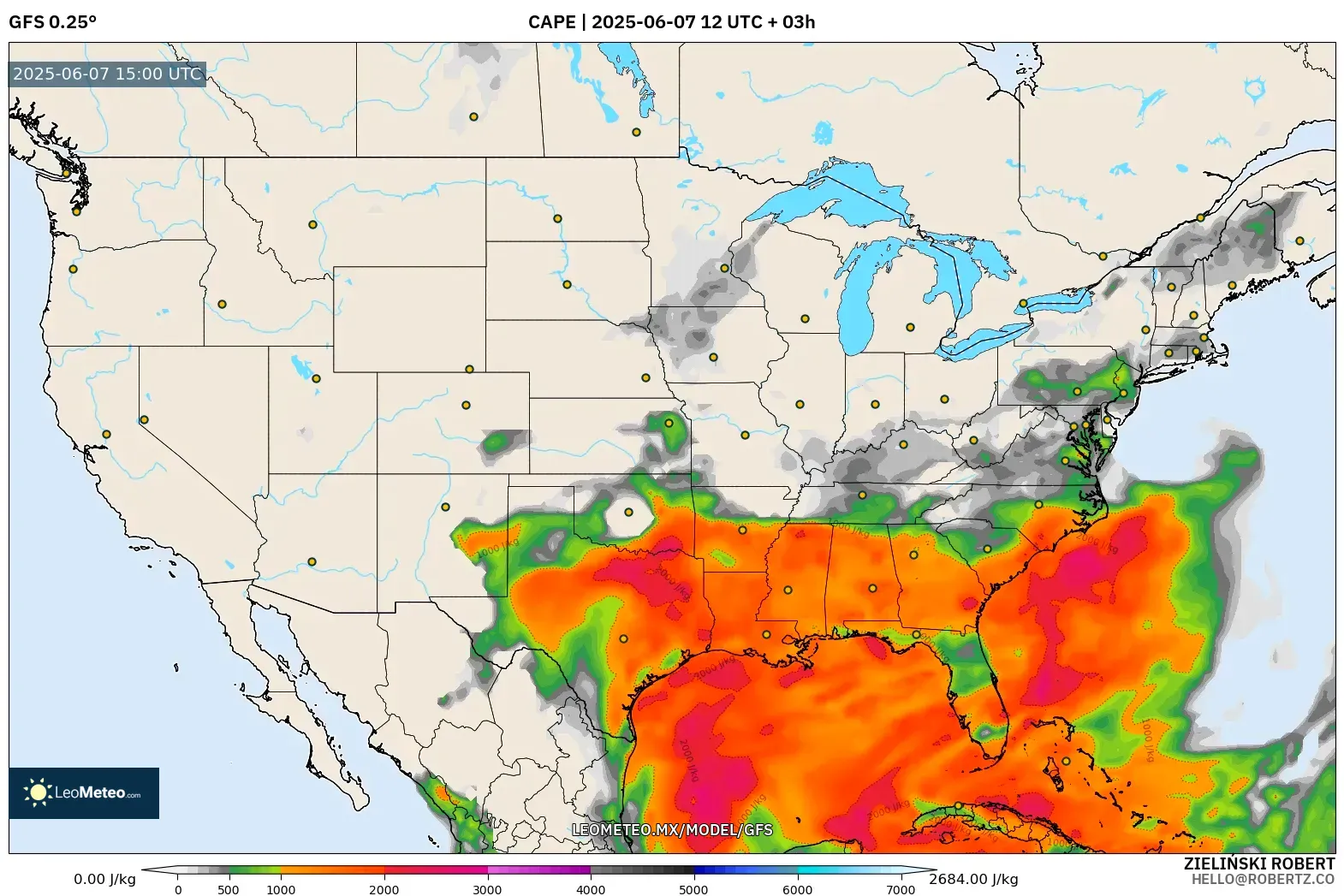 GFS model - Estados Unidos, CAPE GFS model - Estados Unidos, CAPE