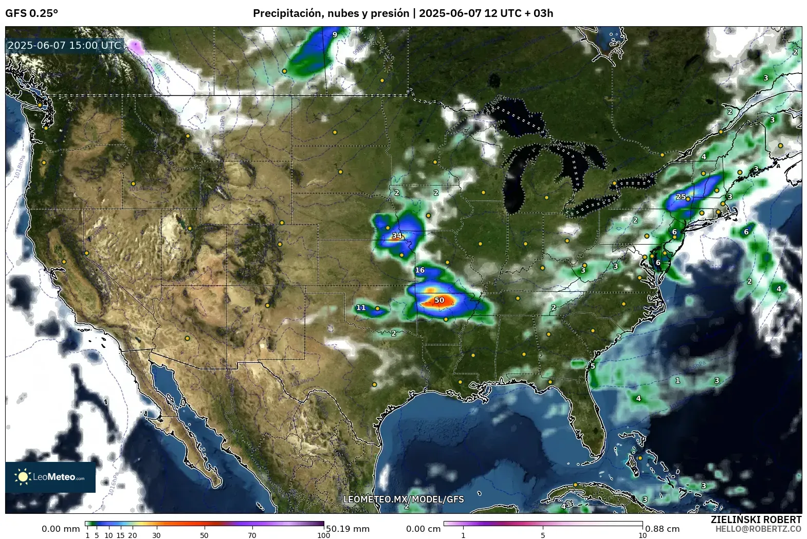 GFS model - Estados Unidos, Precipitación, nubes y presión GFS model - Estados Unidos, Precipitación, nubes y presión