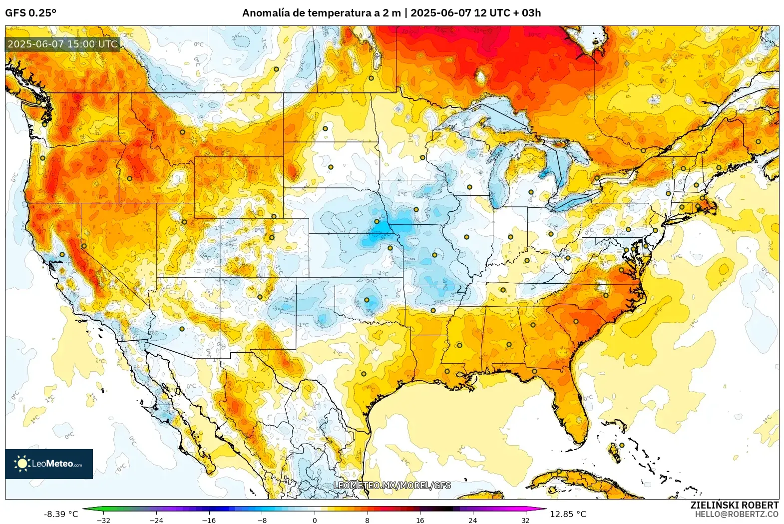 GFS model - Estados Unidos, Anomalía de temperatura a 2 m GFS model - Estados Unidos, Anomalía de temperatura a 2 m