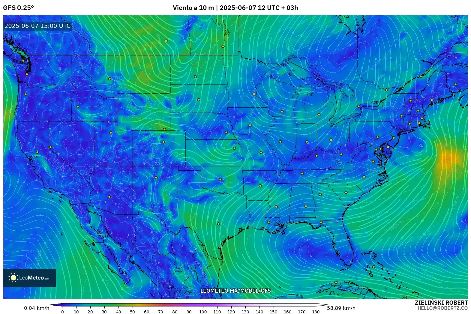GFS model - Estados Unidos, Viento a 10 m