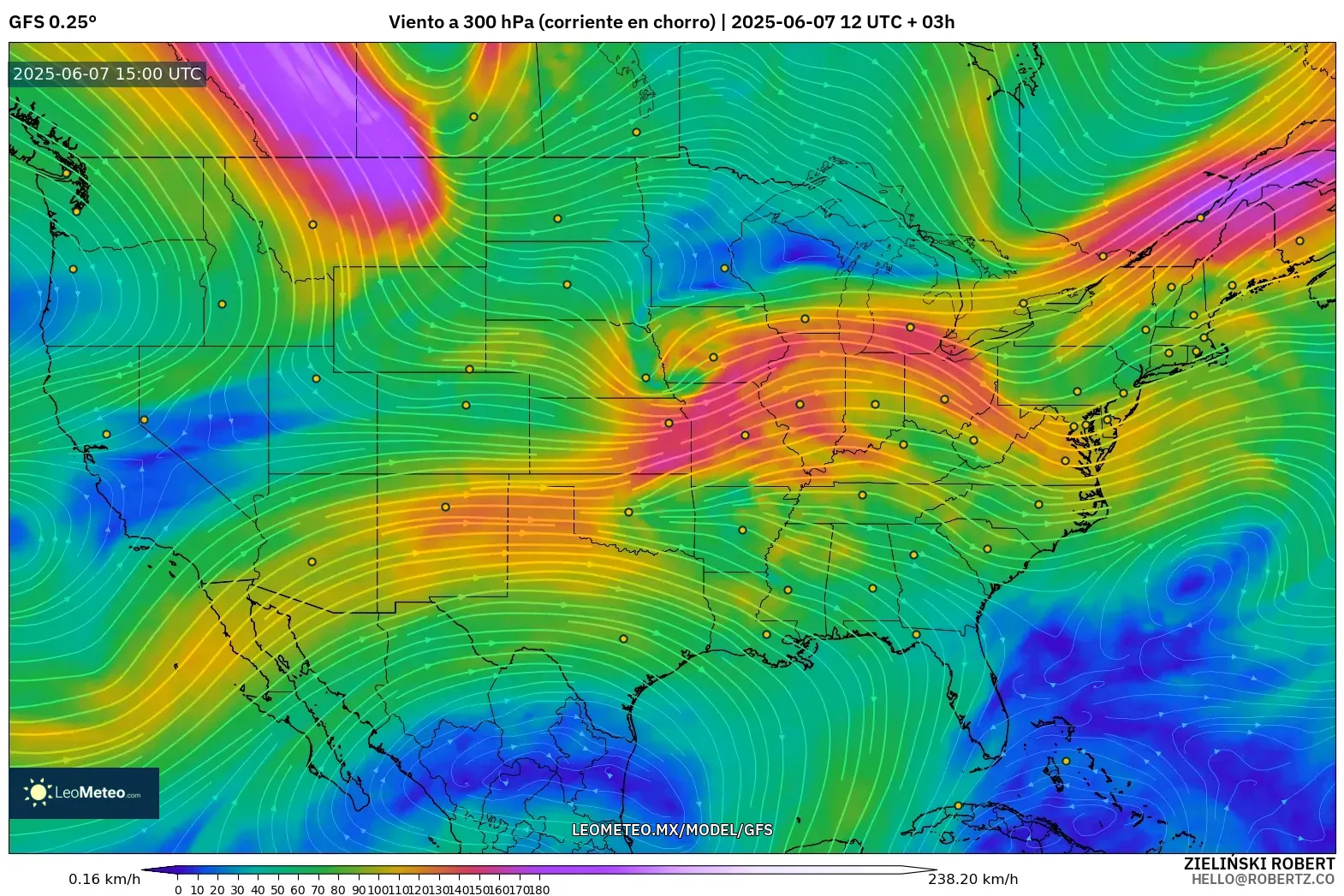 GFS model - Estados Unidos, Viento a 300 hPa (corriente en chorro) GFS model - Estados Unidos, Viento a 300 hPa (corriente en chorro)