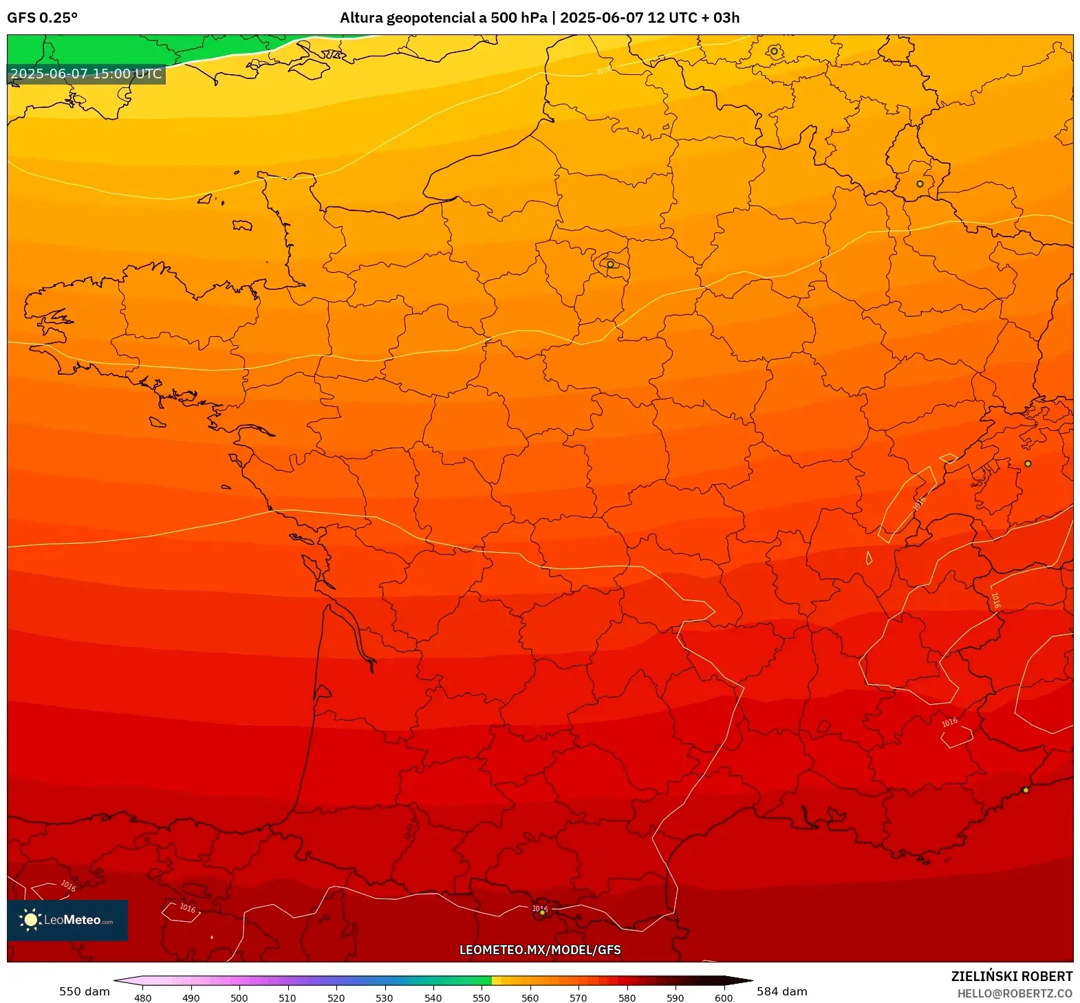 GFS model - Francia, Altura geopotencial a 500 hPa GFS model - Francia, Altura geopotencial a 500 hPa
