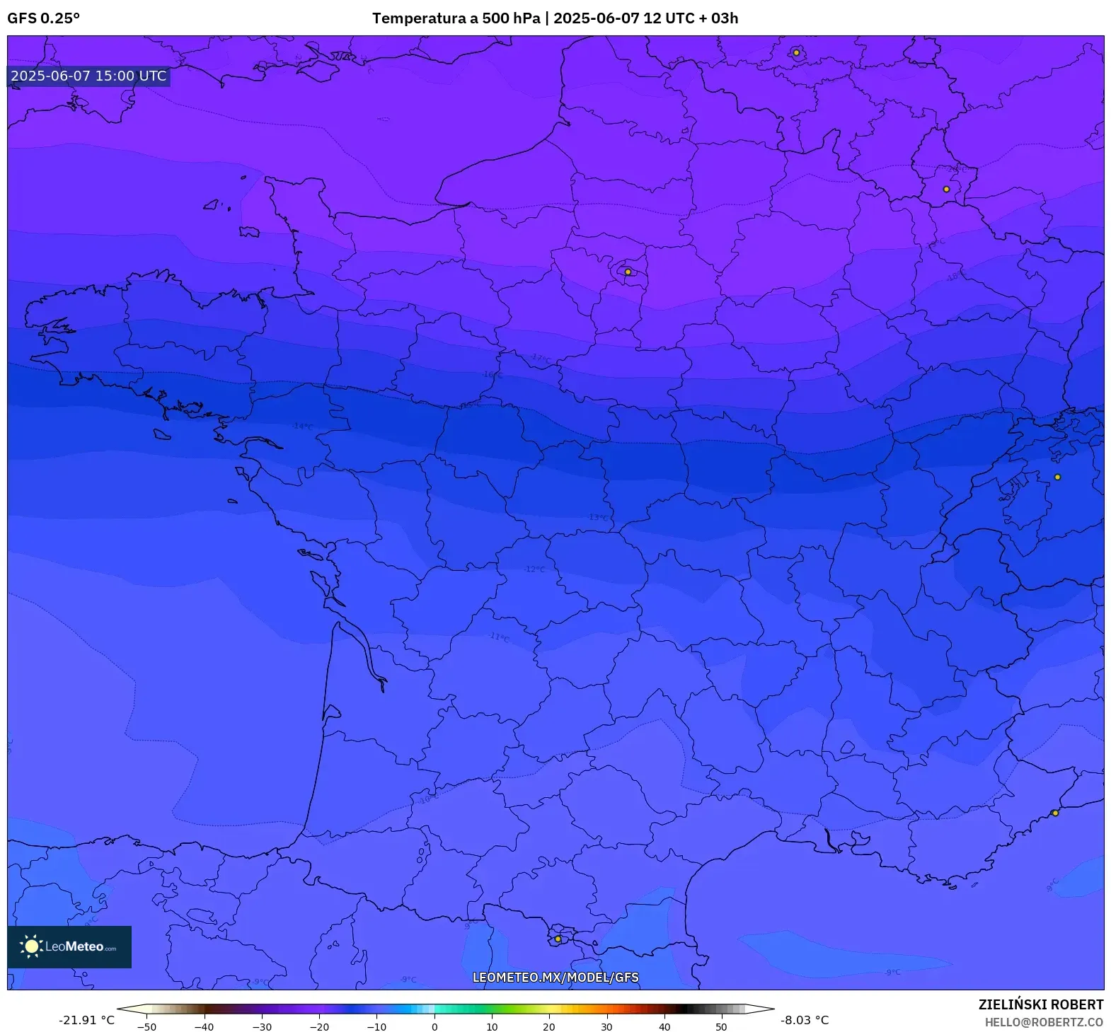 GFS model - Francia, Temperatura a 500 hPa GFS model - Francia, Temperatura a 500 hPa