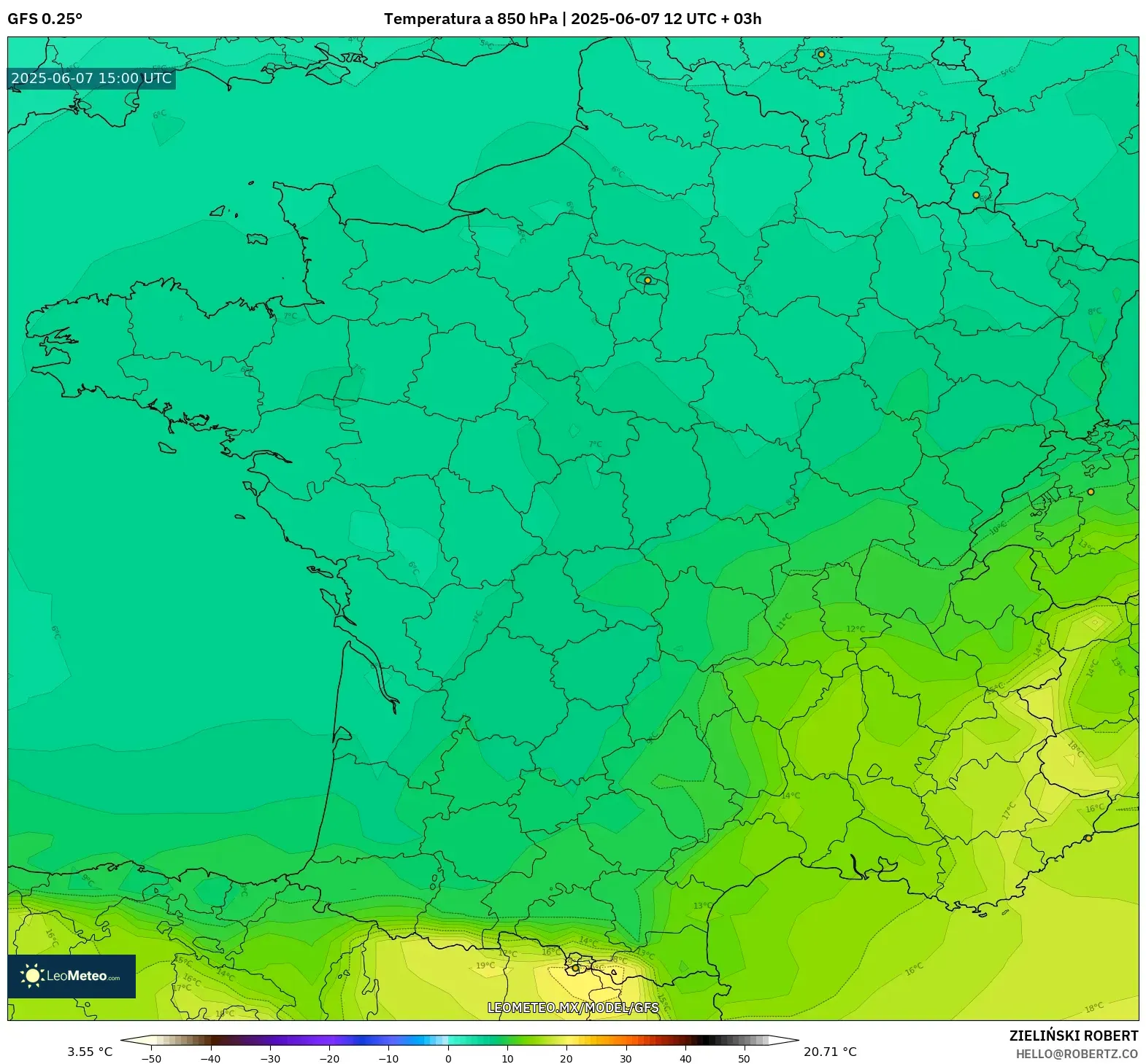 GFS model - Francia, Temperatura a 850 hPa GFS model - Francia, Temperatura a 850 hPa