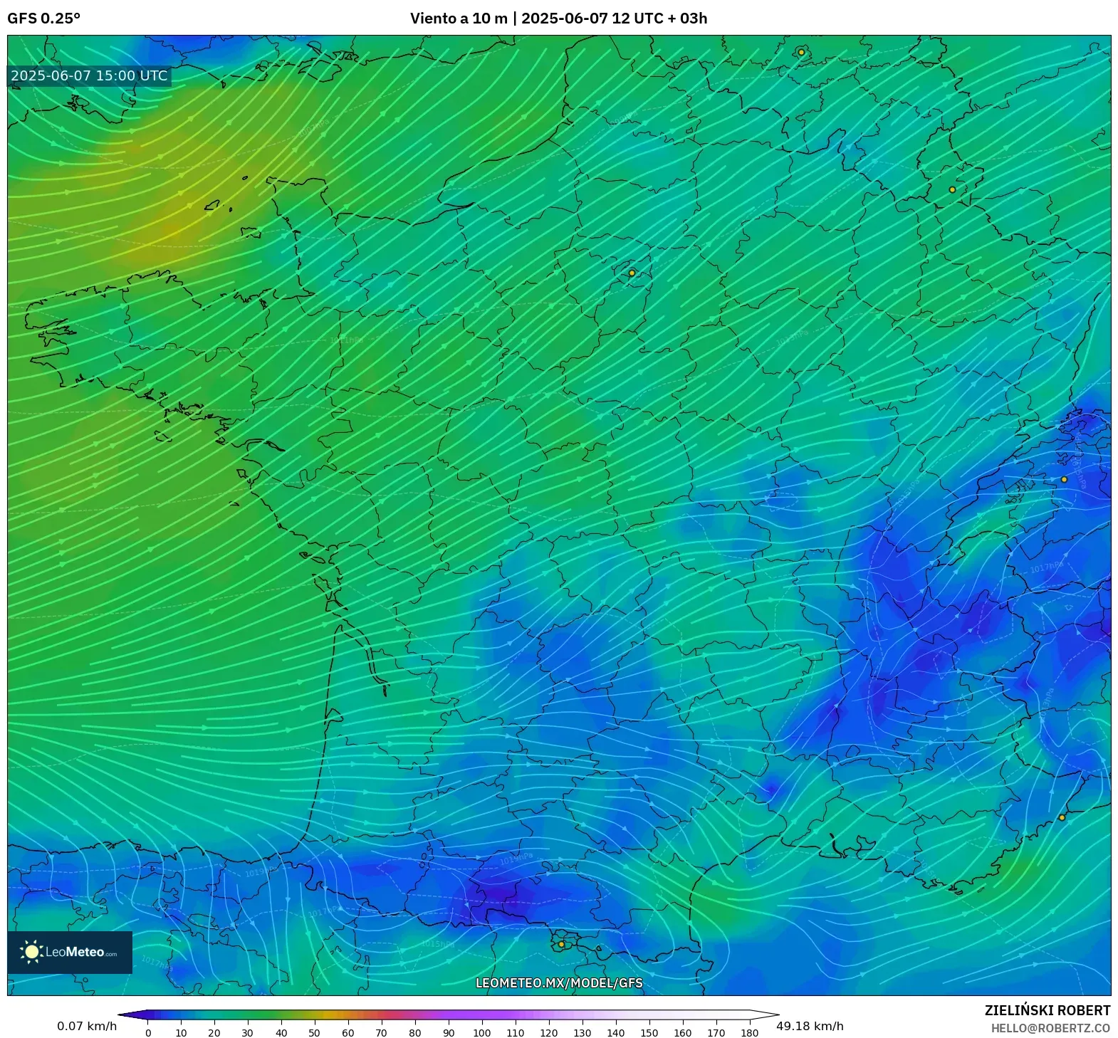 GFS model - Francia, Viento a 10 m