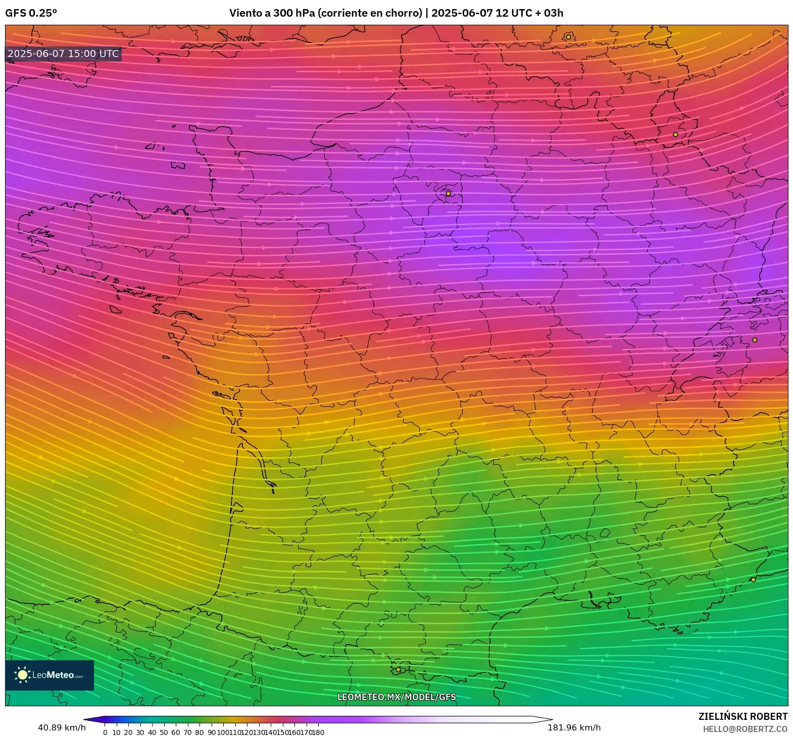 GFS model - Francia, Viento a 300 hPa (corriente en chorro)