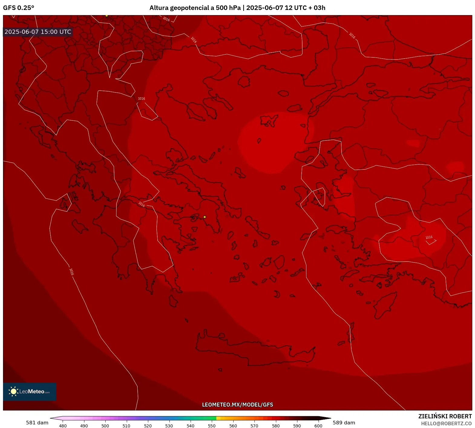 GFS model - Grecia, Altura geopotencial a 500 hPa